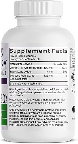 Miniatura 2 de Bronson Sambucus Saúco con zinc y vitamina C Complejo triple de apoyo inmunológico y antioxidante, sin OMG, 60 cápsulas vegetarianas