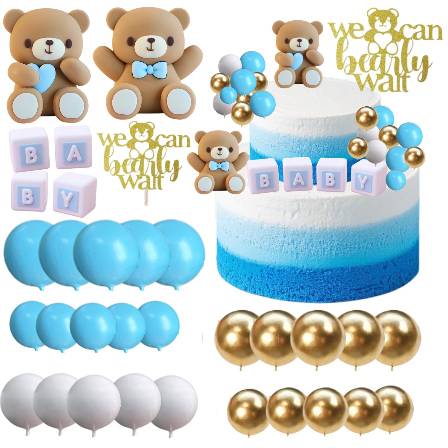 ALISSAR 32Pcs Bear Cake Toppers for Baby Shower with Balls, We Can Bearly Wait Cake Topper, Bear Baby Shower Decorations (blue)