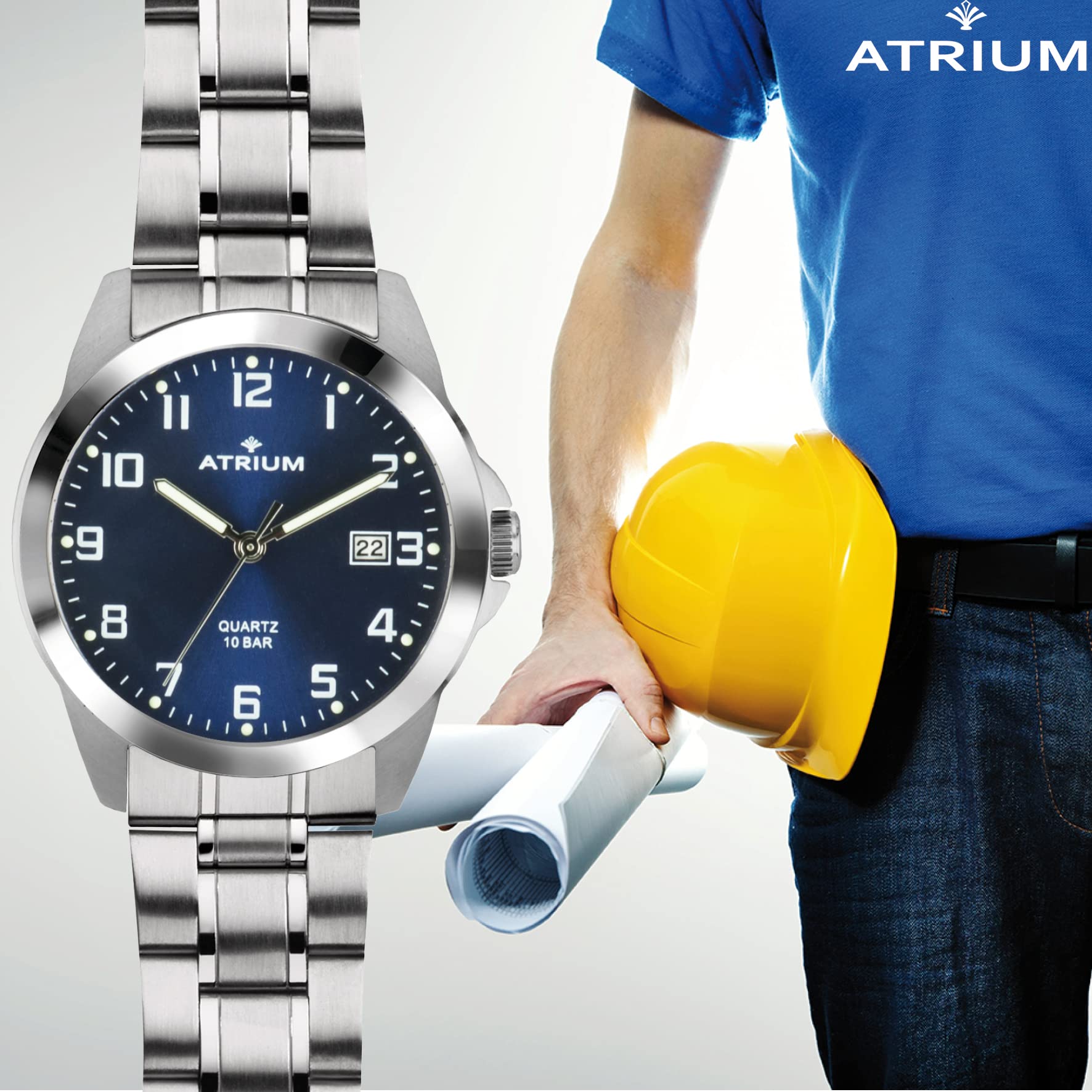 Atrium Herren-Armbanduhr Edelstahl Analog Quarz 10 bar mit Datum, Leuchtzeiger, sehr deutliches Zifferblatt Dunkelblau und Stahlband silberfarben A16-35