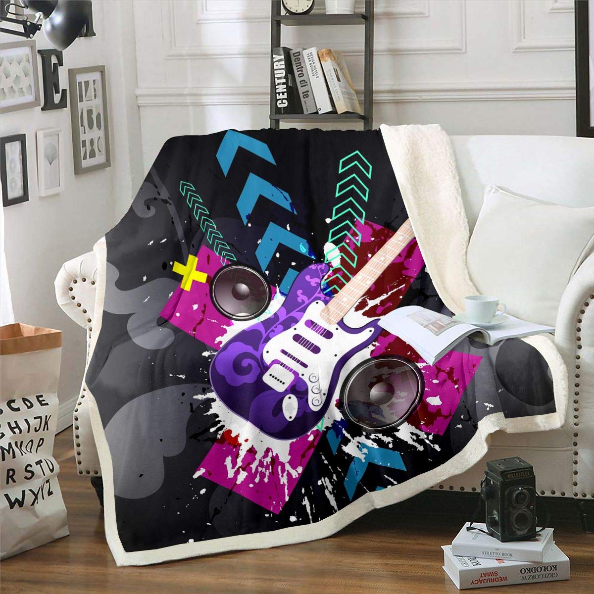 Coperta in pile per chitarra e chitarra, ragazze, musica rock, coperta in peluche, hip hop,