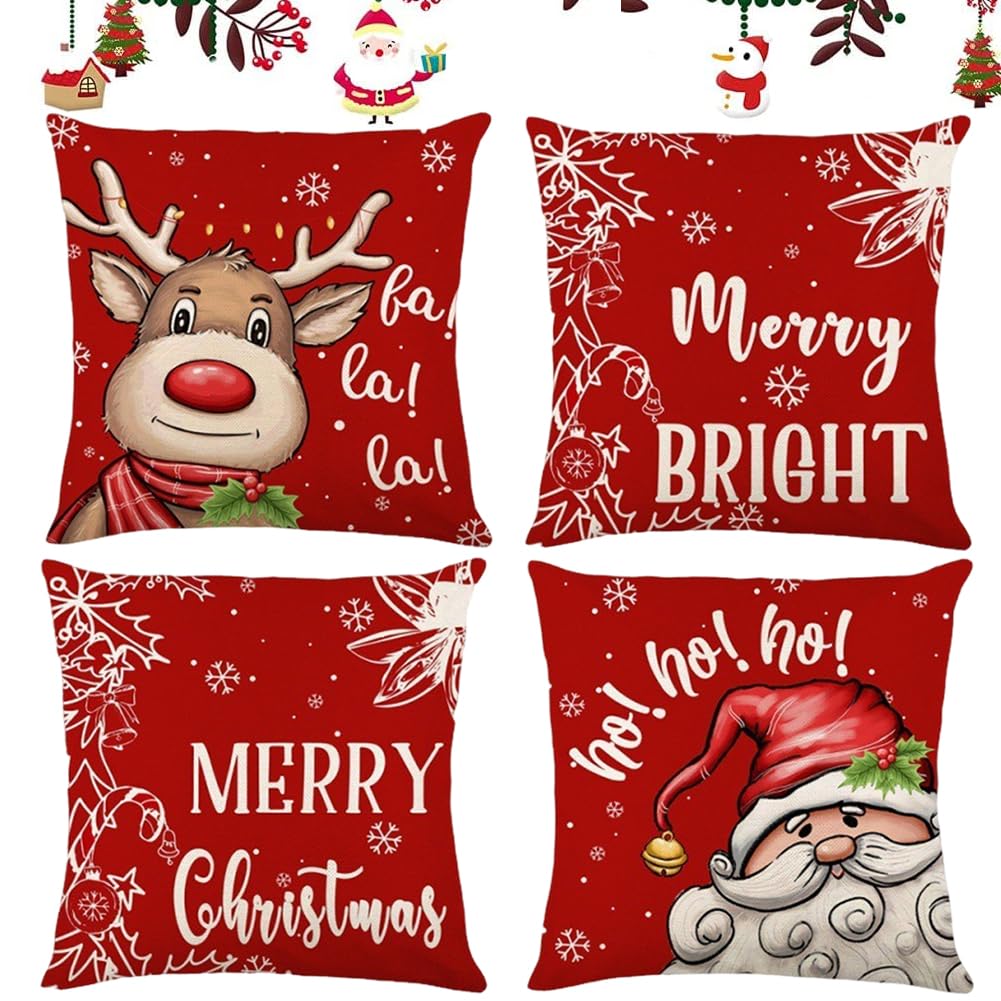WFKKMEQ Christmas Cushion Covers Set, 4PCS Santa Claus Decorations Pillow Cases Sofa Couch Pillowcases Xmas Decorative Pillow Case CoverHoliday Decor Cushion Case Sofa Couch Living Room(45x45CM)