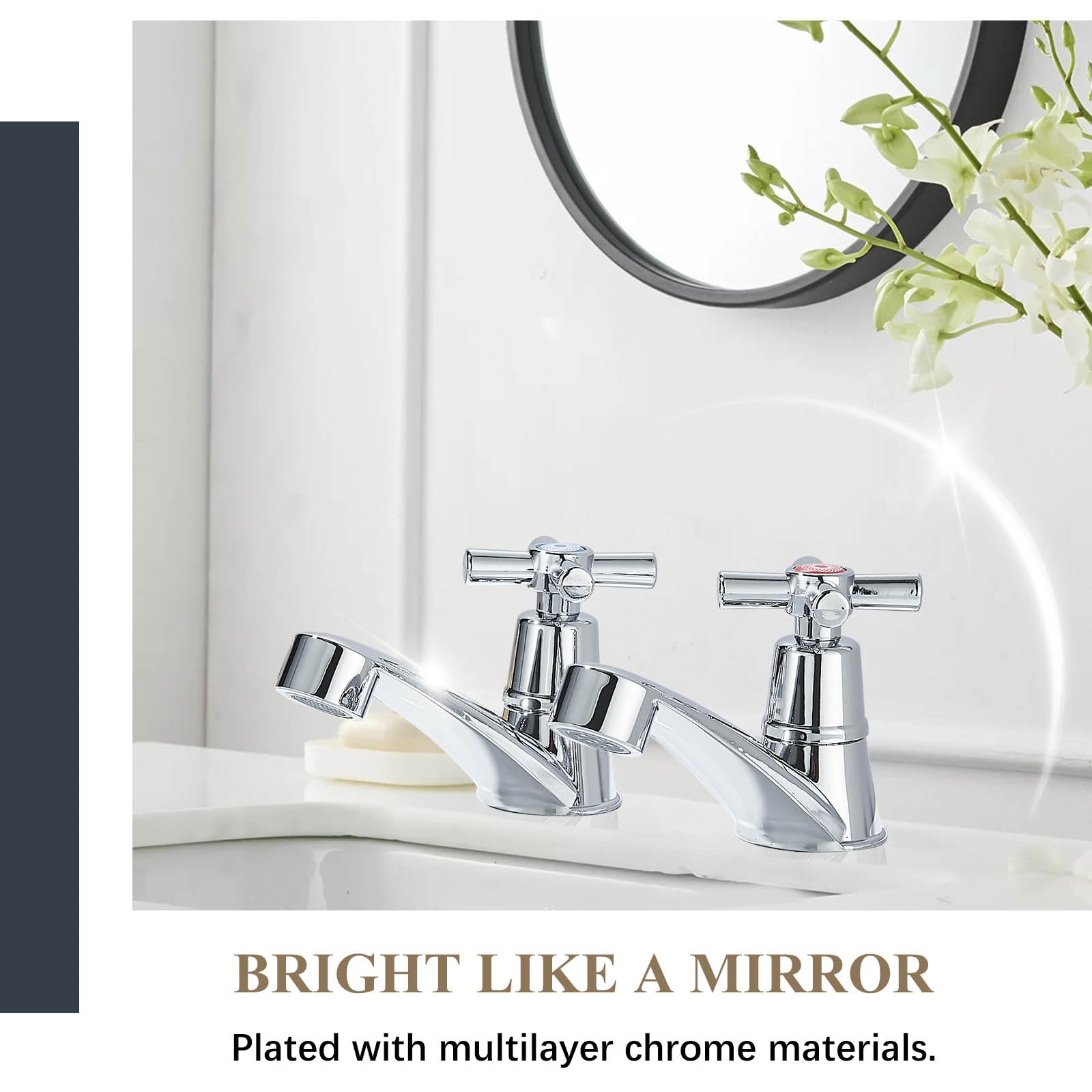 Hevenaov Basin Pillar Taps Pair Bathroom Sink Taps Victorian Traditional Chrome Cross Lever Two Wash Bathroom Faucet 2 Holes Mono Hot and Cold Water G1/2 - Image 3