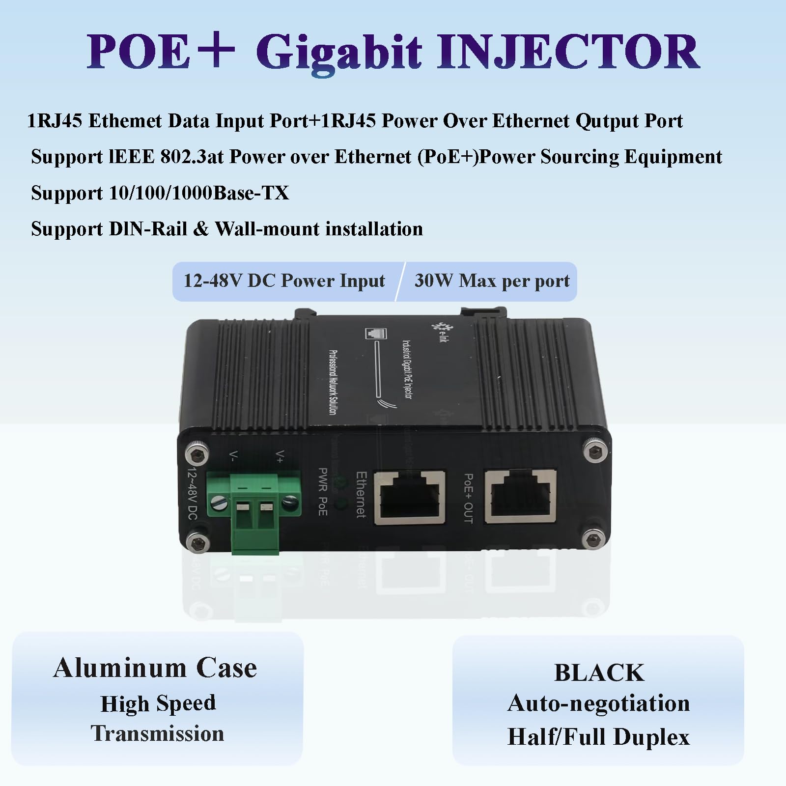 Mini wtryskiwacz Gigabit PoE+ - Przemysłowy wtryskiwacz sieciowy Ethernet 30 W zgodny z IEEE 802.3 af/at, obsługuje wejście DC 12-48 V, do użytku na zewnątrz, szyna DIN