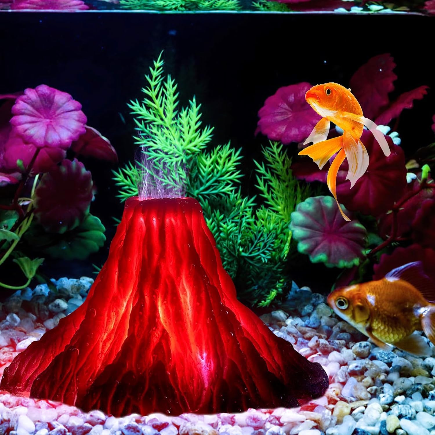 BORDEAG Kit di Ornamento Vulcano per Acquario con Illuminazione LED, Pietra Vulcanica