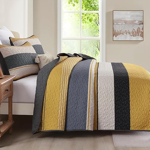 Miniatura 9 de Juego de edredón azul tamaño King, juego de ropa de cama bohemio gris a rayas de microfibra bohemio de 3 piezas, colcha ligera de granja para