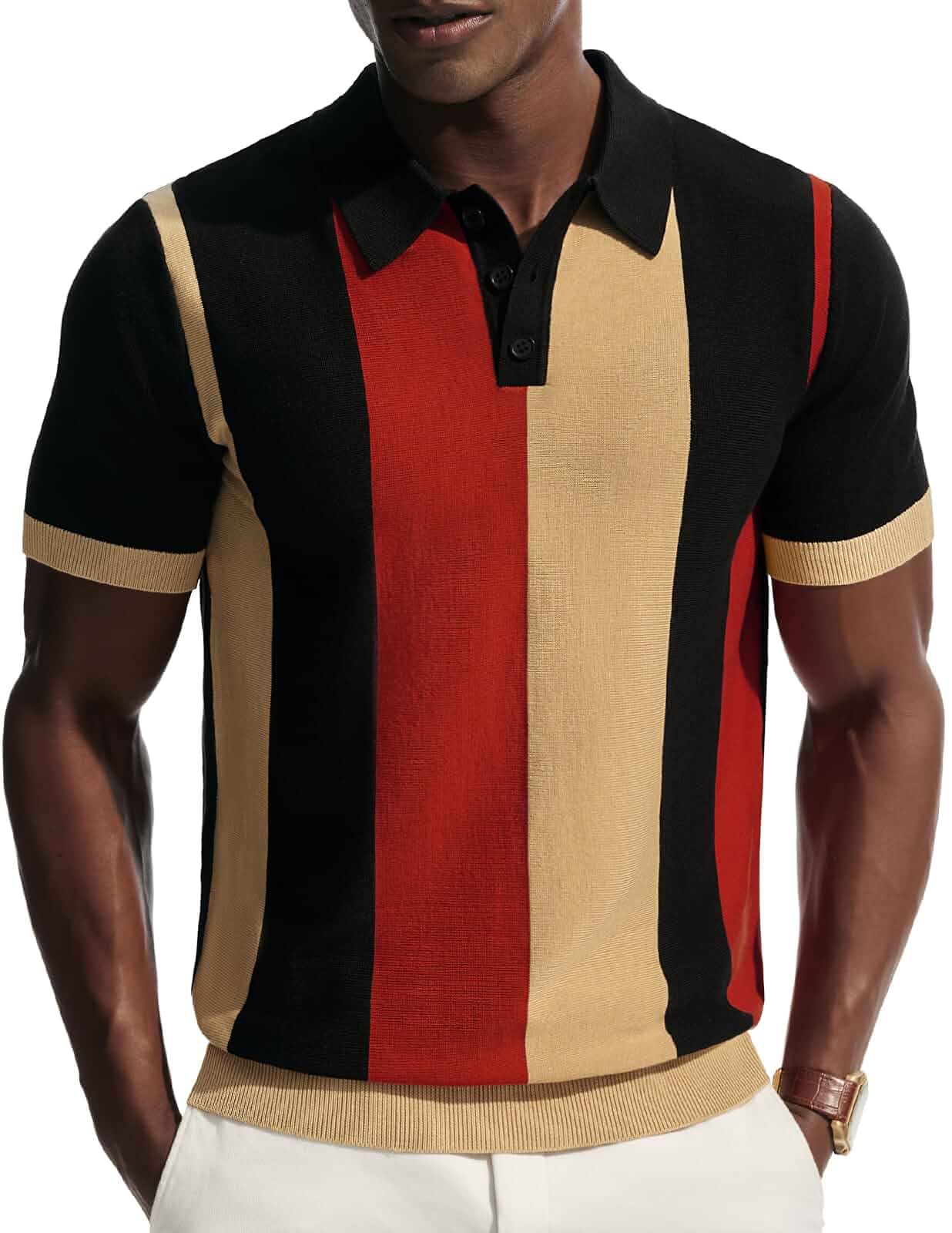 PJ PAUL JONES Mens Knit Polo Shirts Short Sleeve Vintage Striped Shirt 70s Casual Stylish Shirts Vacation Tops Striped