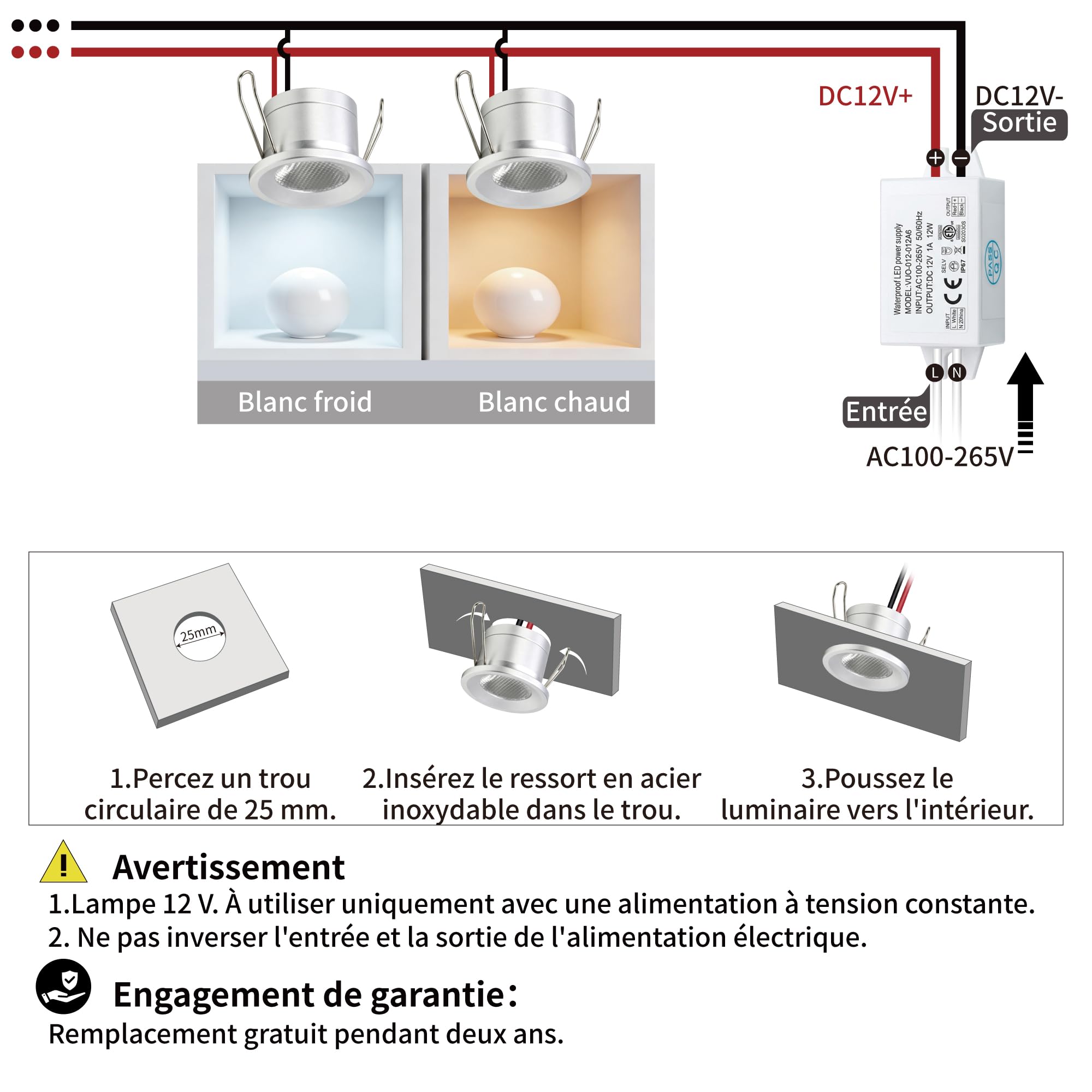 Mini Spot LED Encastrable 2W 6 pcs DC 12V, IP65 Étanche Petite Taille Lampes Avec Transfo 220V, 25mm Pointeur Éclairage Encastré Pour Meuble Terrasse Exterieur Armoires Escaliers (Blanc Chaud)