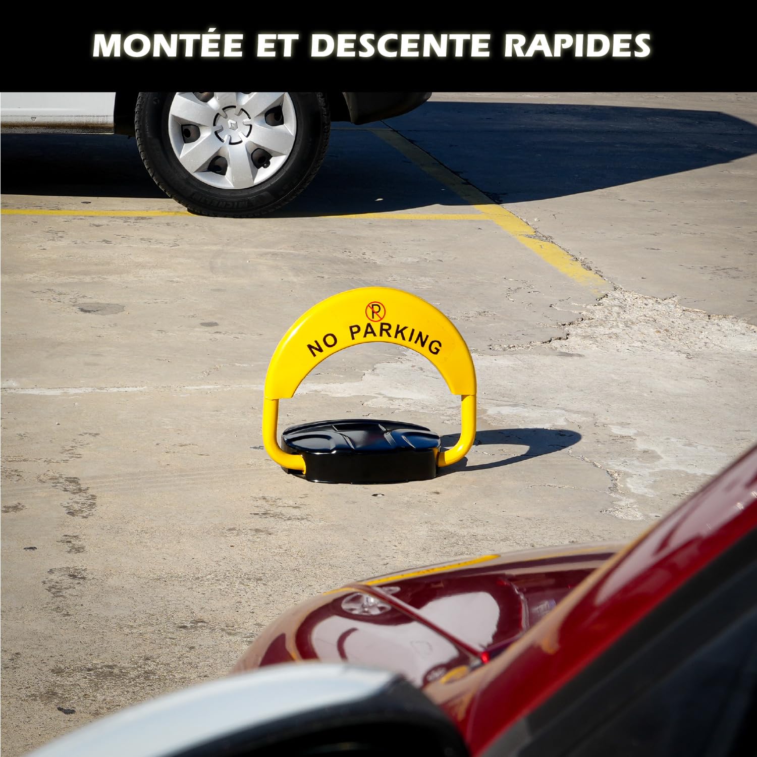 Barrière de Parking Rabattable Solaire, Contrôle à Distance 15m Verrou Télécommande, Système d'Alarme Intelligent Intégré Serrure de Stationnement, Bloque Parking Solaire