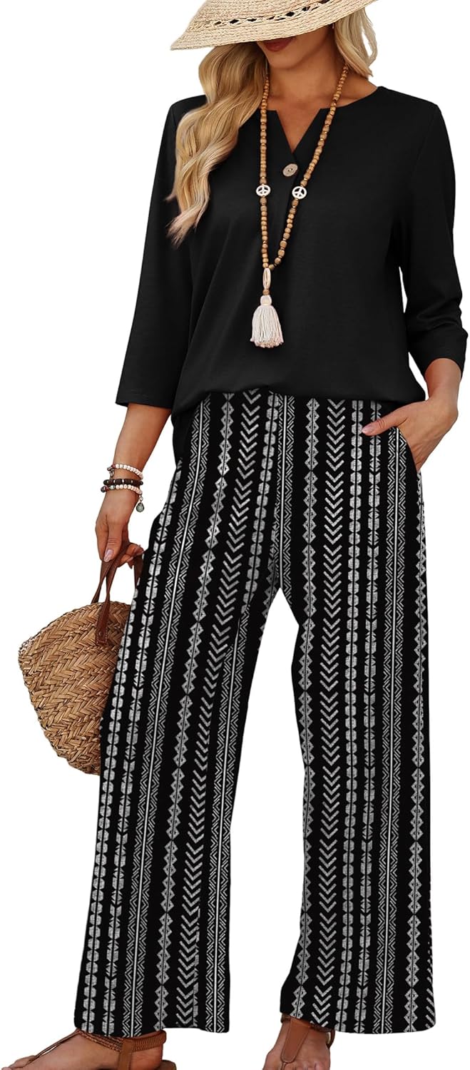 WIHOLL Two Piece Sets for Women 3/4 Length Sleeve Lounge Sets Summer Spring Vacation Travel Outfits Fashion Clothing