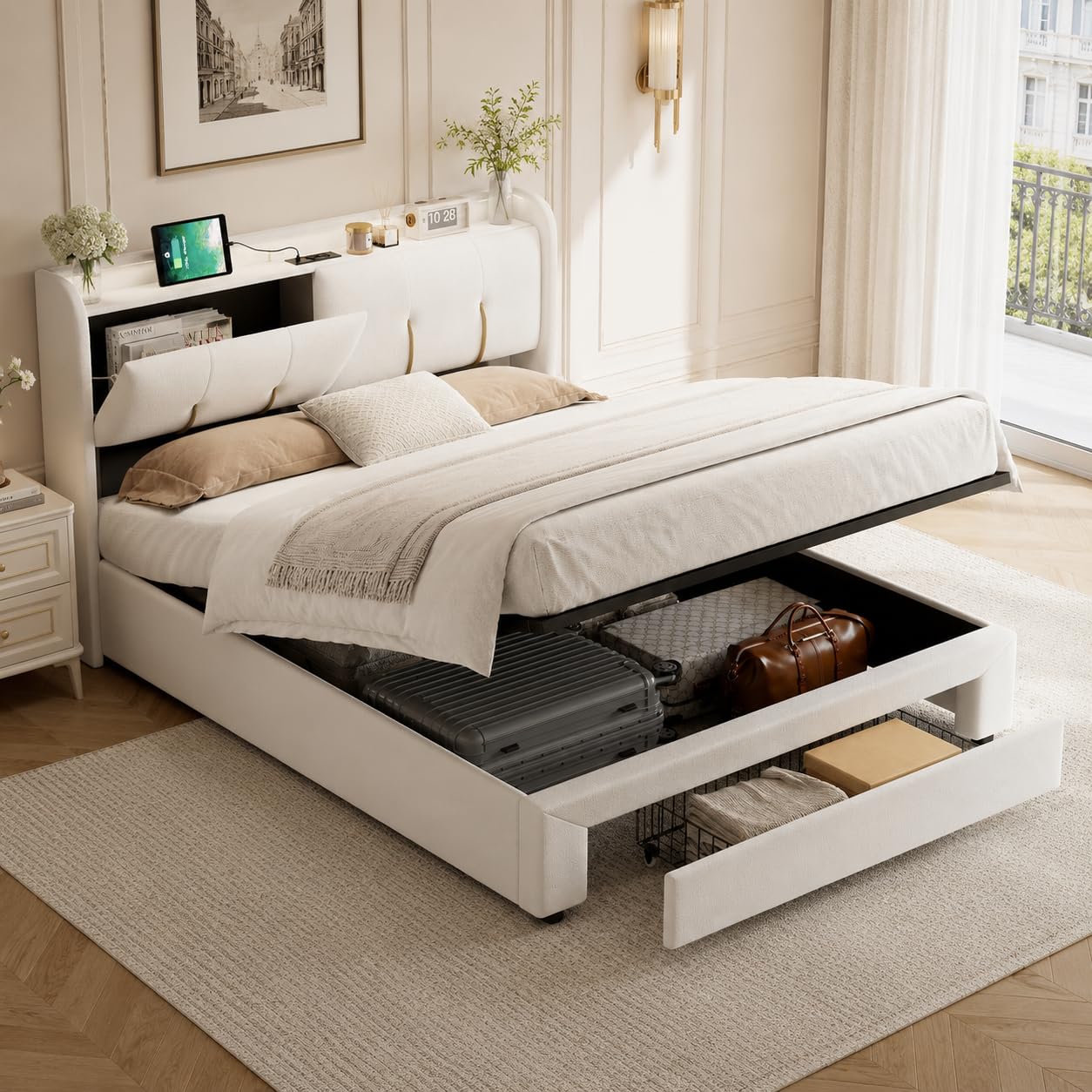 CDQL Letto matrimoniale 160 x 200 cm con vano contenitore pneumatico, Letto contenitore con 1 cassetto, porta USB e luci LED, rivestito in velluto beige