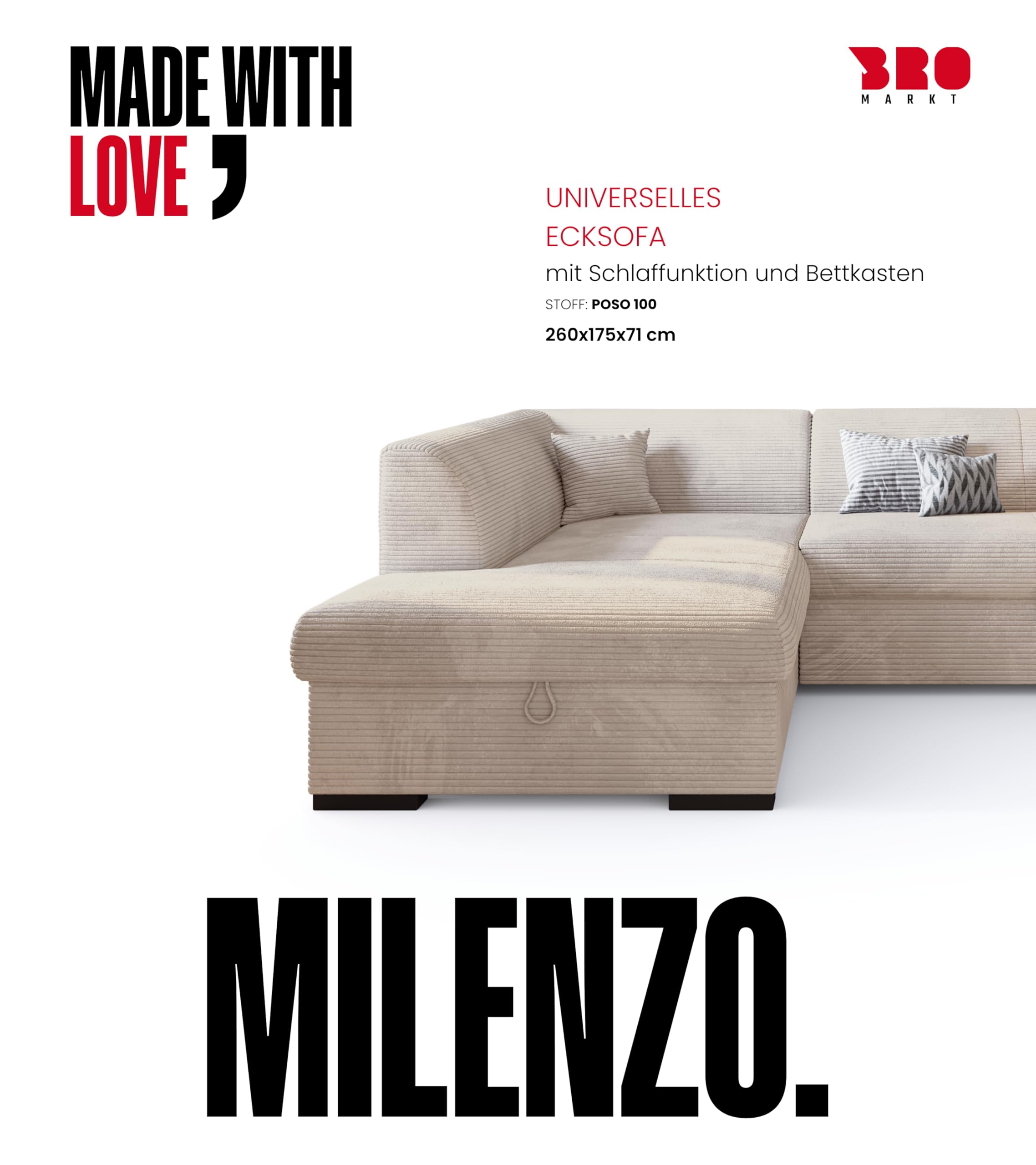 BROMARKT Ecksofa mit Schlaffunktion 260 cm L Form Vanille Rechts Seite Couch Sofa mit Bettkasten Schlafcouch Schalsofa 3 sitzer Eckcouch Sofabett Wohnlandschaft Cordstoff