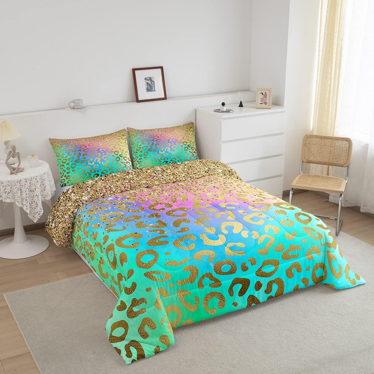 Feelyou Golden Leopard Comforter Set Glitter Pattern Bedding Set Wild Animal Print Comforter Rainbow Quilted Duvet Set for Kids Boys Girls Microfiber Twin(No Glitter)