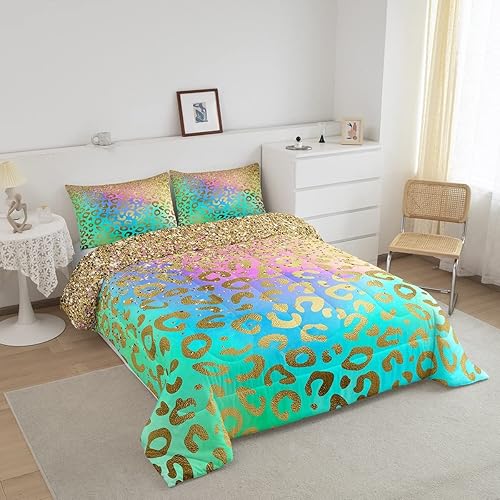 Miniatura 2 de Feelyou Juego de edredón de leopardo dorado con purpurina, juego de ropa de cama con estampado de animales salvajes, juego de edredón acolchado de