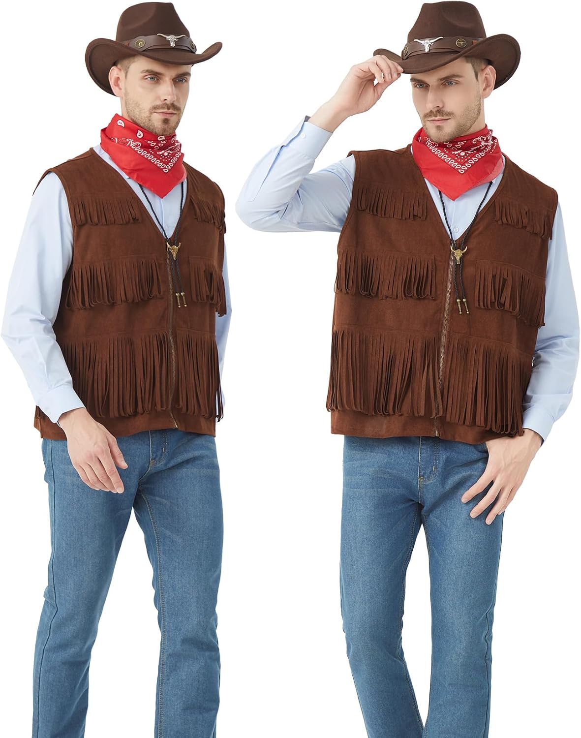 TIMSOPHIA 4 PCS Cowboy Costume Men, Western Outfits Tassel Vest for Adult with Hat Bandana Necklace for Halloween Cosplay,Brown,2XL