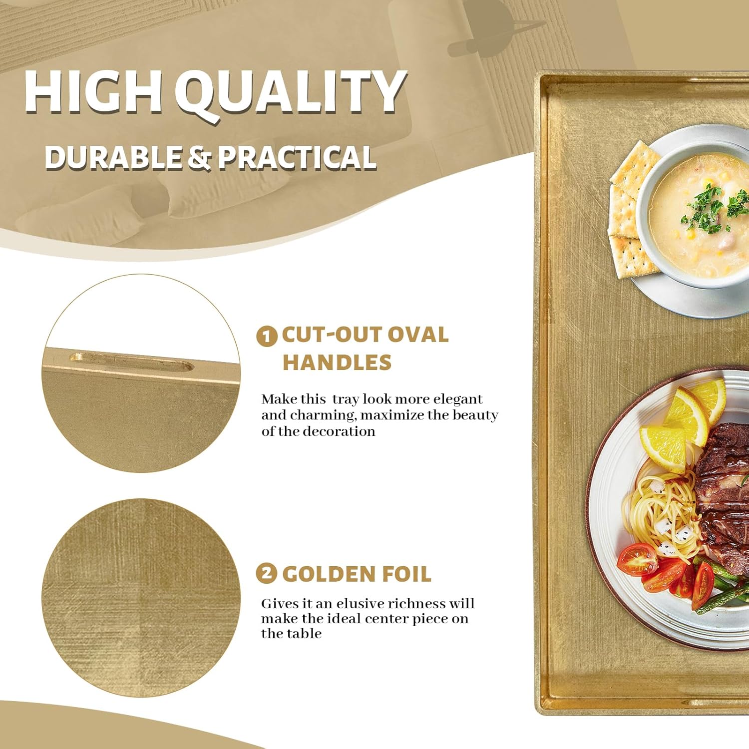 MAONAME Modern Gold Decorative Tray with Handles, Gold Leaf Serving Tray for Coffee Table, Rectangle Bathroom Decor Trays, 15.8" L x 10.2" W x 1.4" H - Image 3