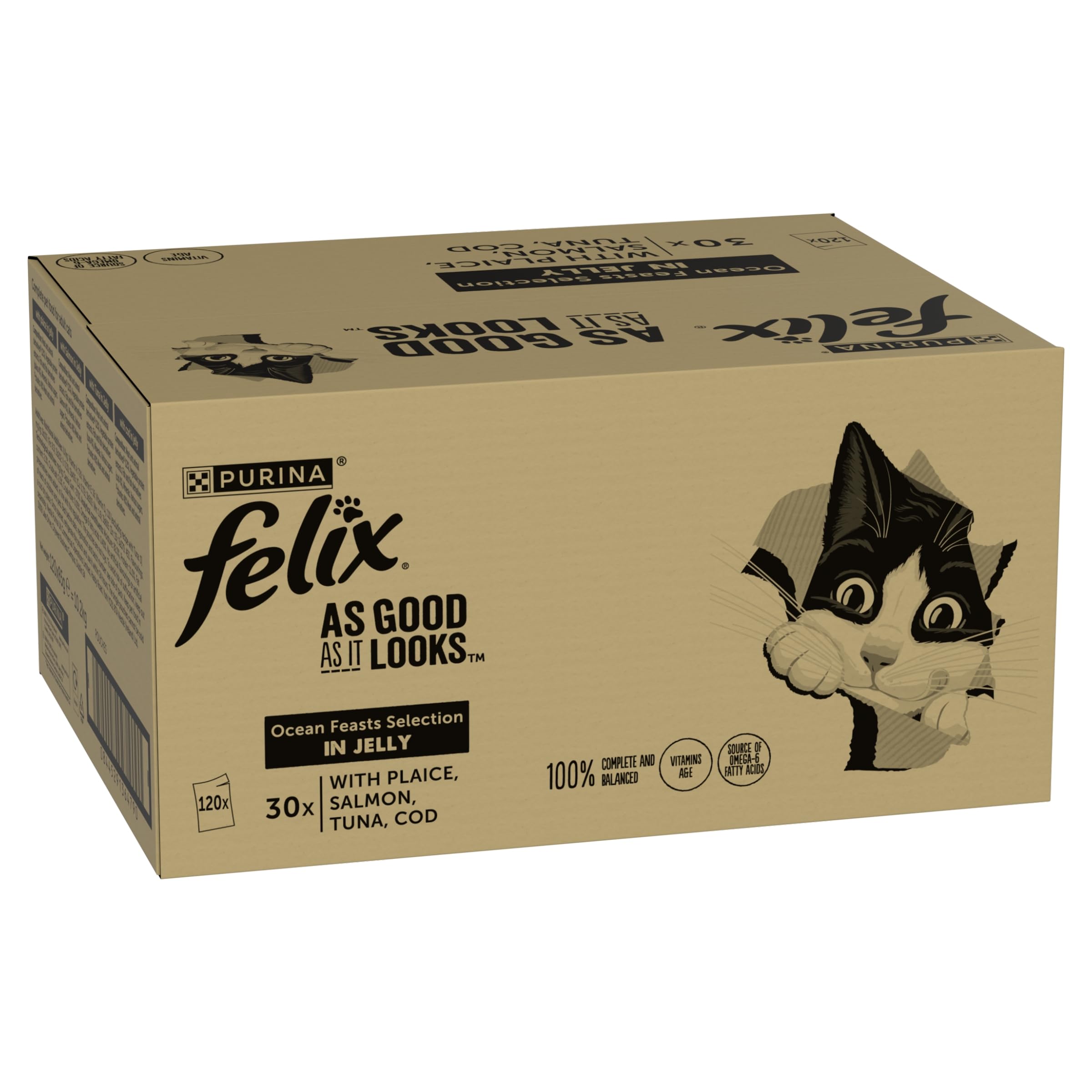 FELIX As Good As it Looks Adult Wet Cat Food Ocean Feasts in Jelly Plaice, Salmon, Tuna, Cod 120 x 85g Pouches