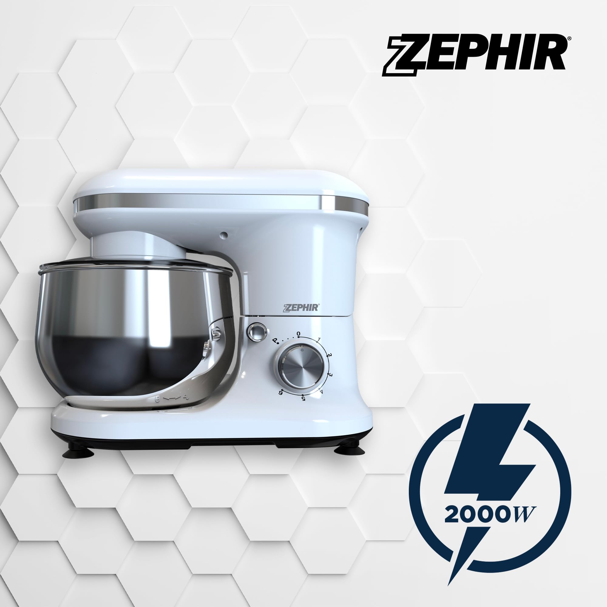Zephir Impastatrice Deluxe 1000W con Ciotola in Acciaio 5,0L, 6 Velocità + Pulse, Accessori Inclusi, Ingranaggi in Acciaio, Corpo in ABS