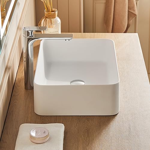 Miniatura 3 de Cpingao Lavabo de baño de 16 x 13 pulgadas, rectangular sobre encimera de resina blanca de piedra blanca, lavabo de arte con drenaje emergente