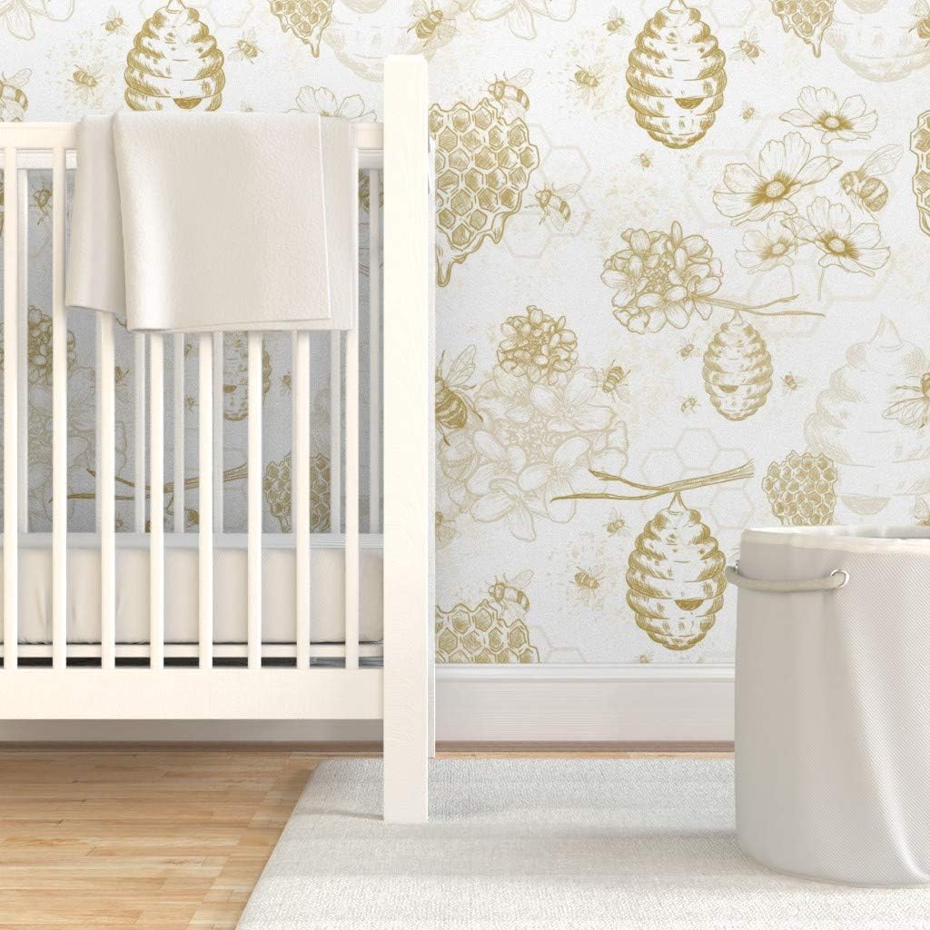 Spoonflower Peel & Stick Wallpaper Swatch - Beehive Honeybee Toile Large Yellow Flowers Mustard Gold Bee Honey Custom Removable Wallpaper