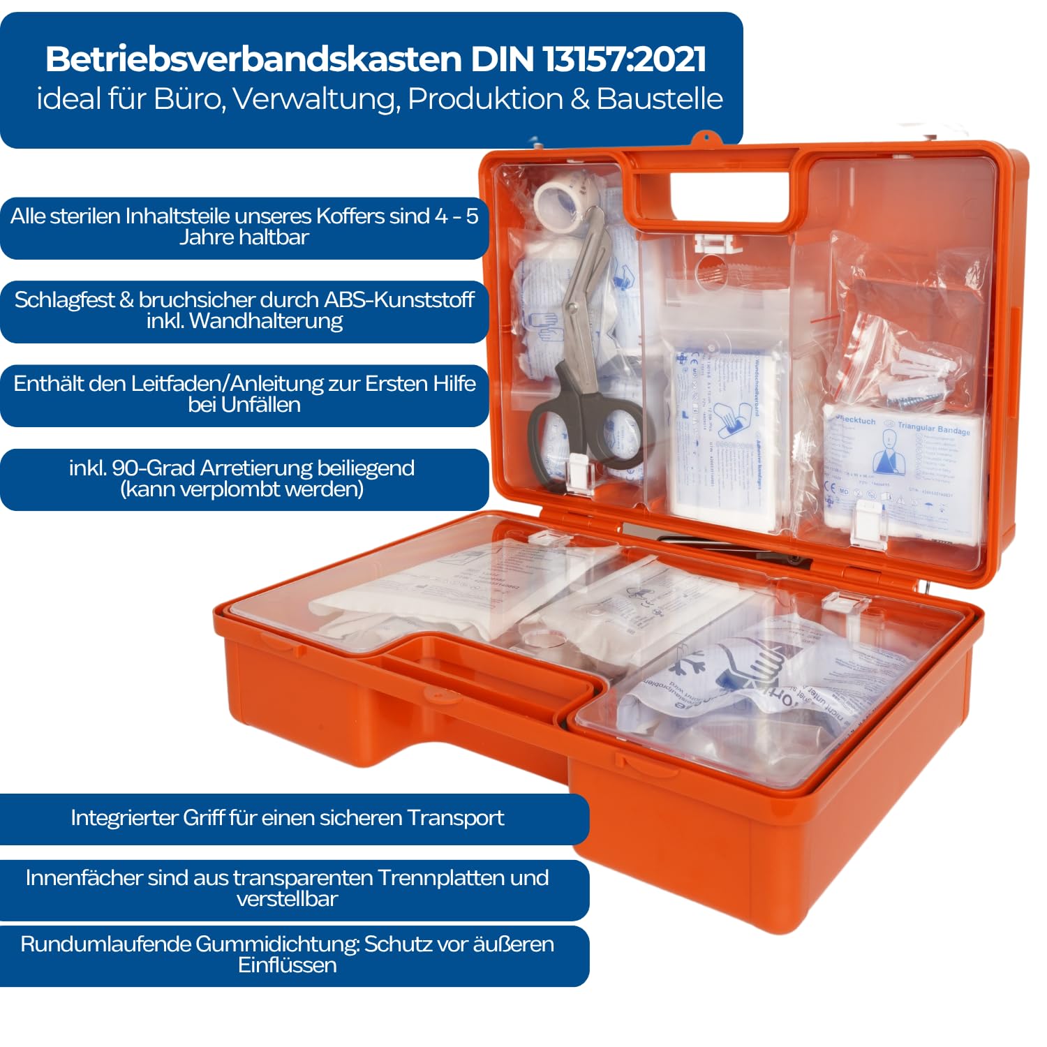 First Aid Products Erste Hilfe Koffer MEDIUM – inkl. DIN 13157:2021 Füllung – orange, ABS-Kunststoff, bruchsicher – Wandhalterung & Schrauben – öffentliche Einrichtungen, Betrieb, Bau & Privat