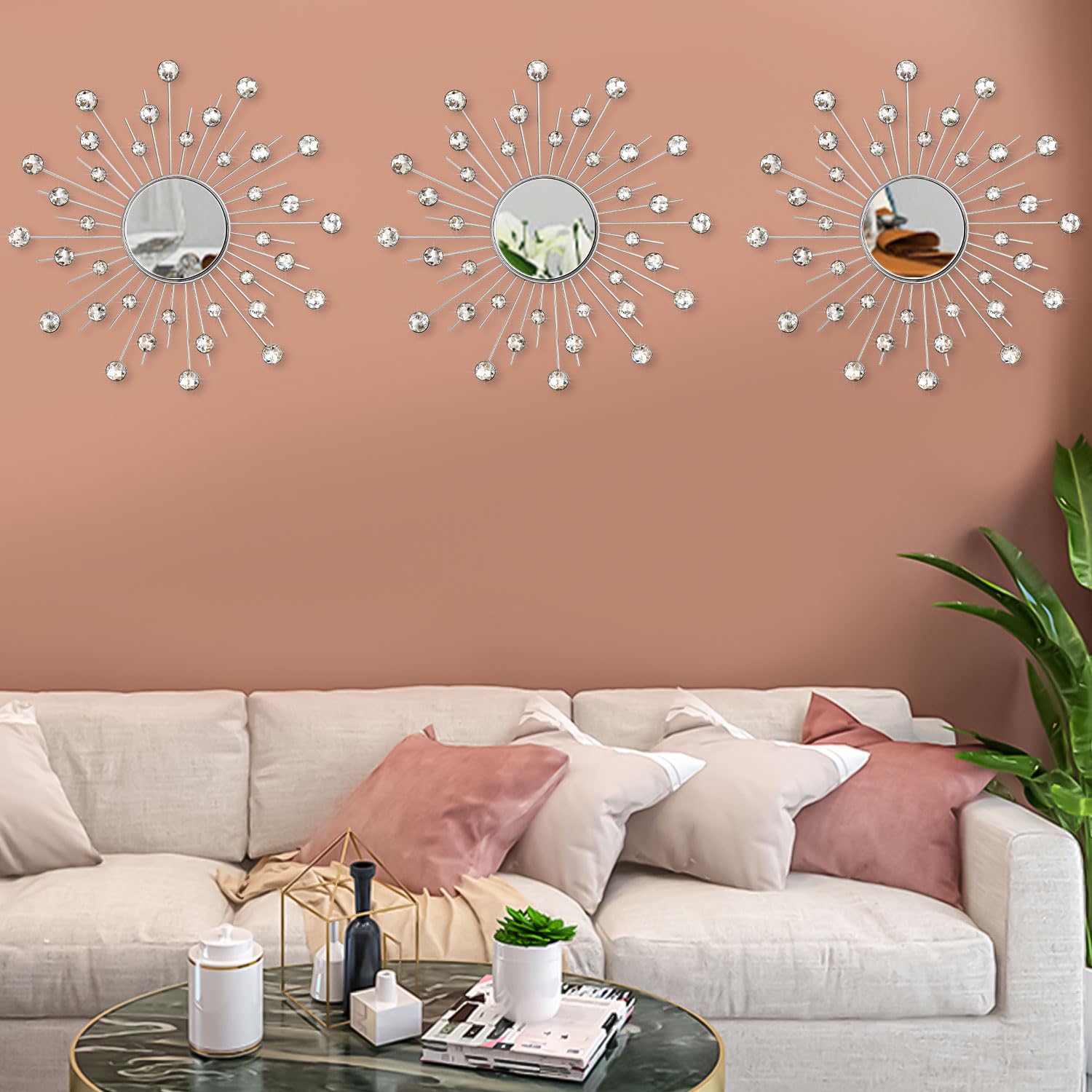 Uaussi Kristall-Sonnenspiegel, Dekoration, Strass-Spiegel, dekorative Wandkunst für Wohnzimmer, Schlafzimmer, Eingangsbereich, 3 Stück (Kristalle, Silber)
