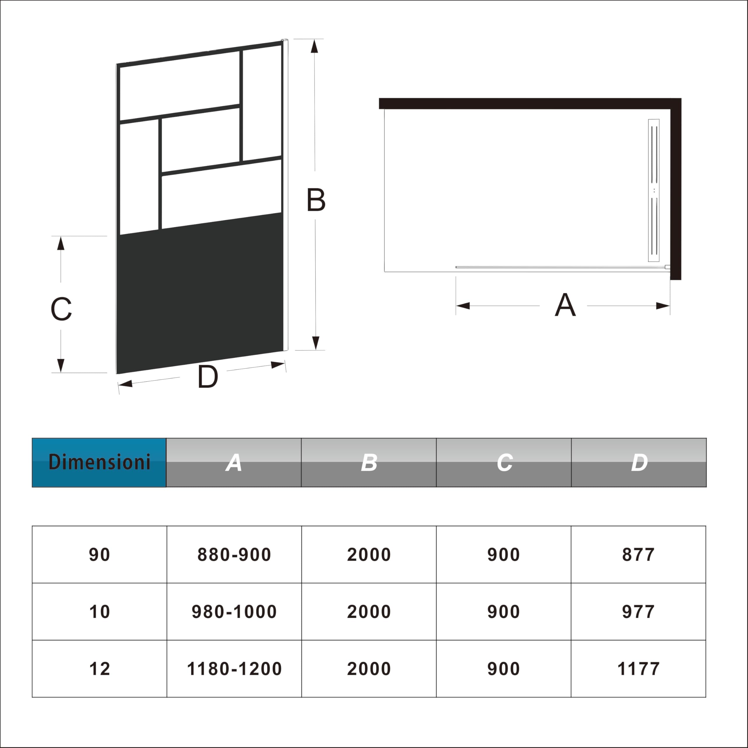 AICA Walkin Mampara Panel de ducha Pantalla Panel Fijo estilo industrial Cristal Antical 8mm con Barra 73-120cm Perfil Negro Mate,(877-900) x2000mm