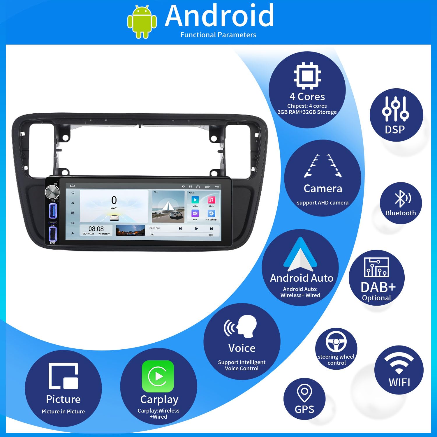 7''AHD Multimedialny ekran dotykowy nawigator GPS Canbus RDS/FM DIN SWC radio odtwarzacz stereo Bluetooth WiFi CarPlay Android IOS kompatybilny z Seat Mii/Skoda citigo E-Citigo/V W UP/Seat lbiza ST