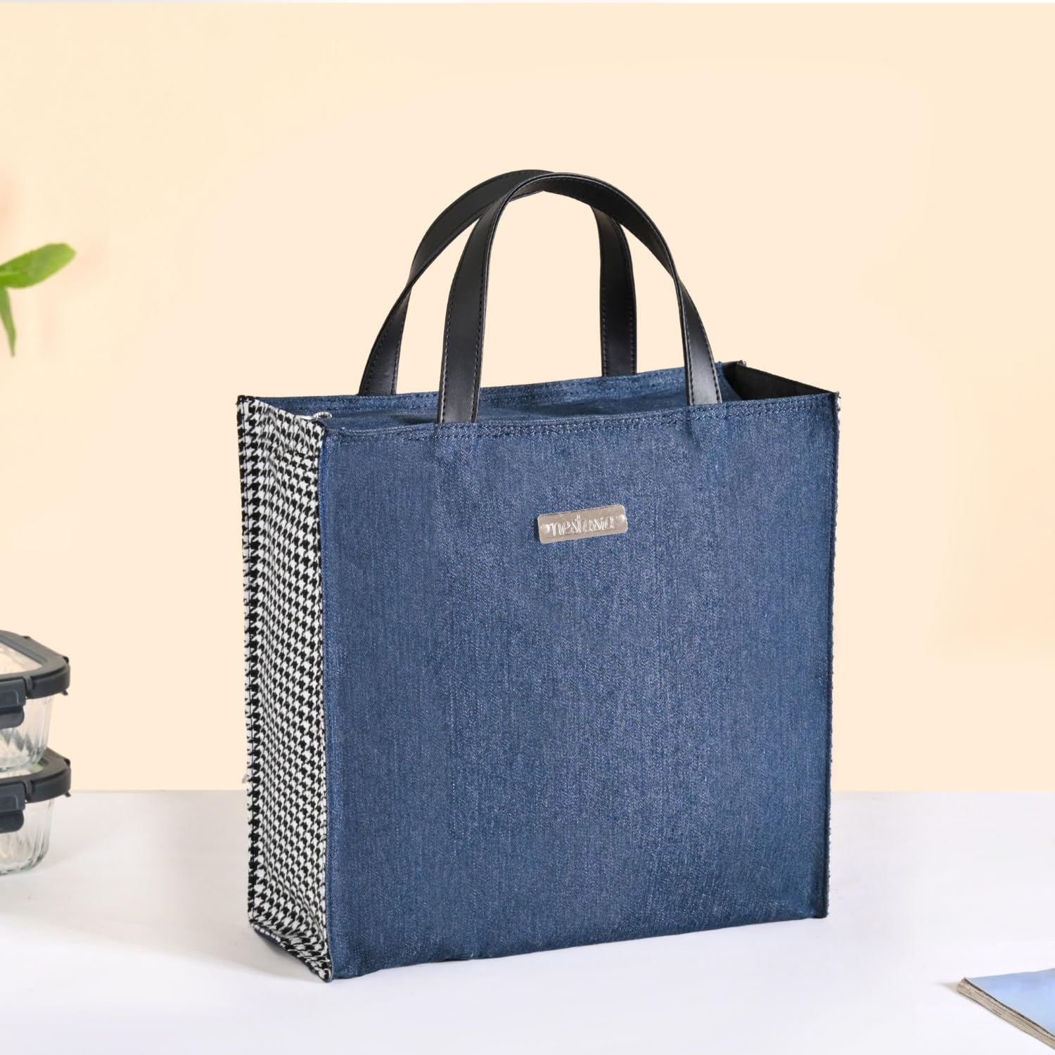 Nestasia Denim Lunch Bag for Office (31.5 cm x 13 cm), Eco - Friendly & Stylish Textured Tiffin Bag for Men & Women with 2 Sturdy Handles (Denim Blue)