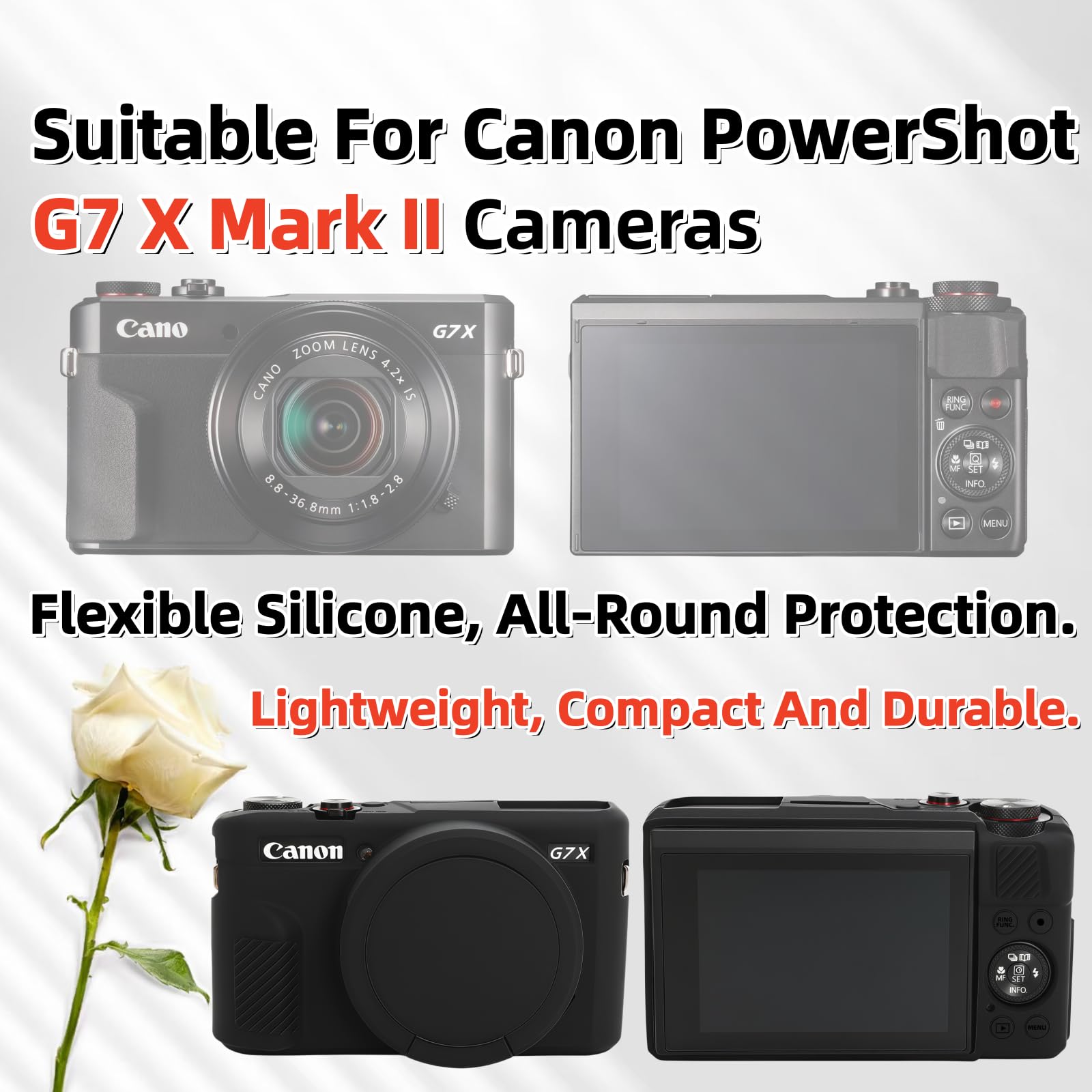 Etui do aparatu Canon G7 X Mark II, miękkie silikonowe etui ochronne z ulepszoną konstrukcją otwieraną w dół, obiektyw w pełni przezroczysty, zawiera 2 ochraniacze ekranu i 1 pasek na nadgarstek
