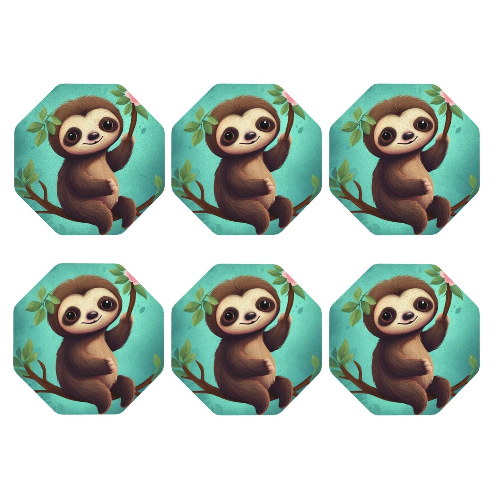 6pcs Leather Coasters for Drinks, Cute Sloth Drink Coasters for Tabletop Protection, 4" Cup Coasters for Coffee Table Decor, Non-Slip Drinking Cup Mat for Hot Or Cold Drink