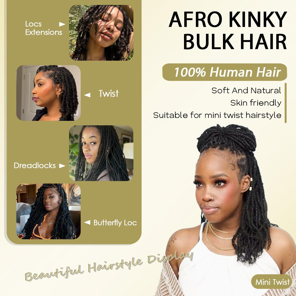 Afro Kinkys Bulk Human Hair for kinky curly Twist Human Braiding Hair For Micro Locs Extensions marley natural Black Color 10 inches 70g/pack (Nature Black, 10 Inch)