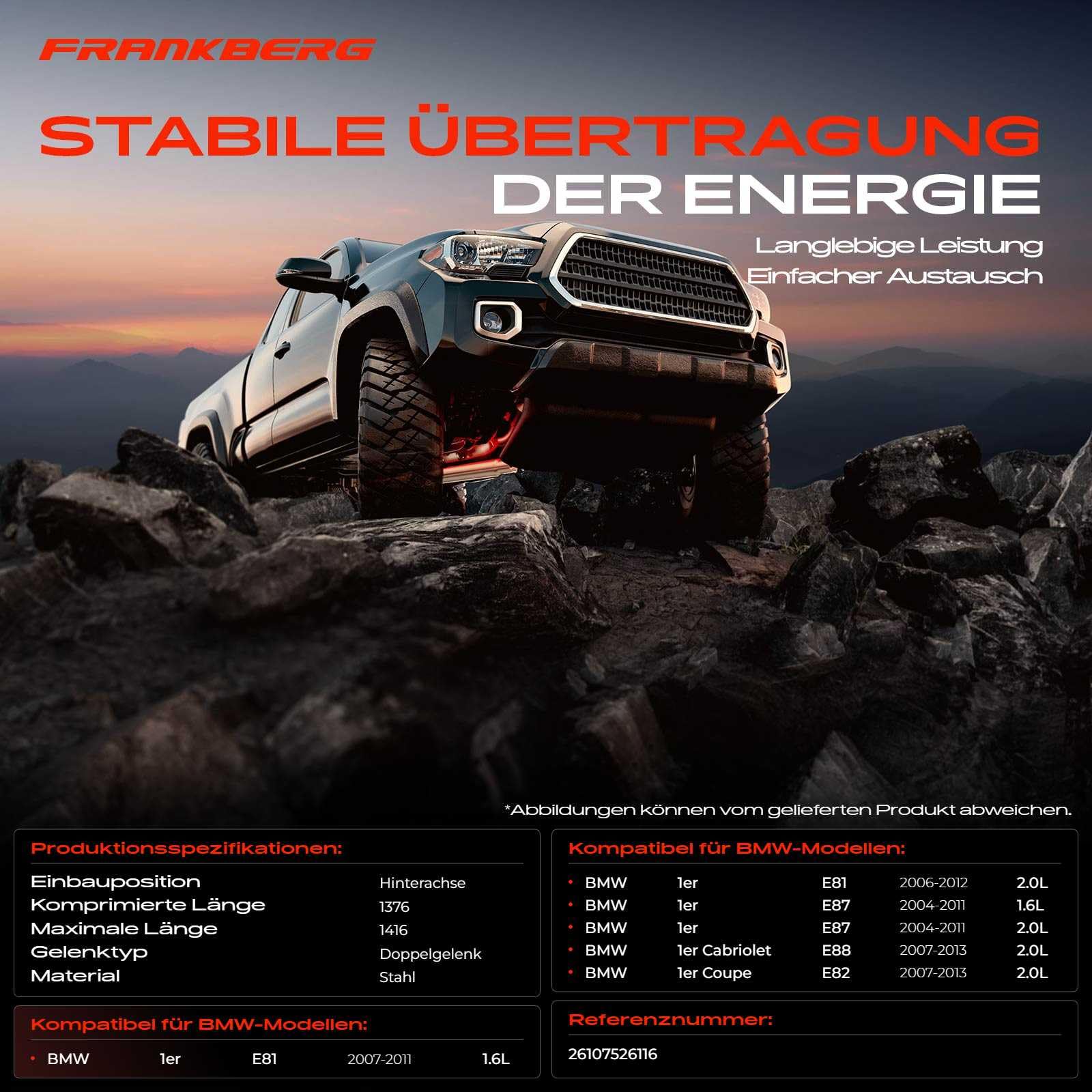 Frankberg Kardanwelle Gelenkwelle Hinten 1407mm Kompatibel mit 1er E81 E82 E87 E88 116i 118i 120i 1.6L 2.0L Benzin Automatikgetriebe 2004-2013 26107526116