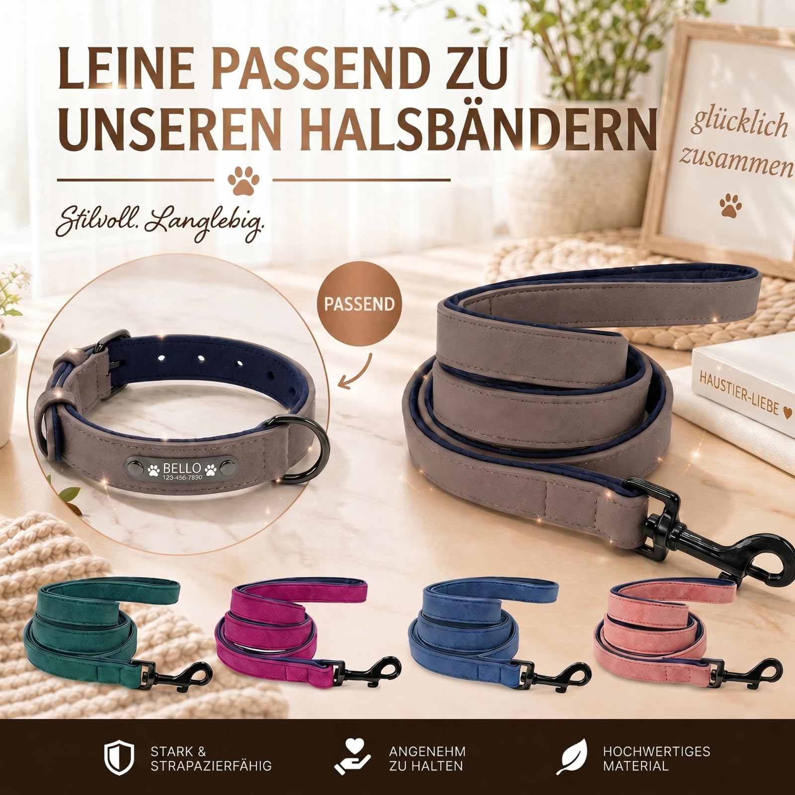 Personalisiertes Leder Hundehalsband mit Namensschild, Name & Tel. Gravur | Hundehalsband mit Namensschild (innen & außen Leder). Mit Gravur von Name, Nummer & Motiven. Ideal für Outdoor.