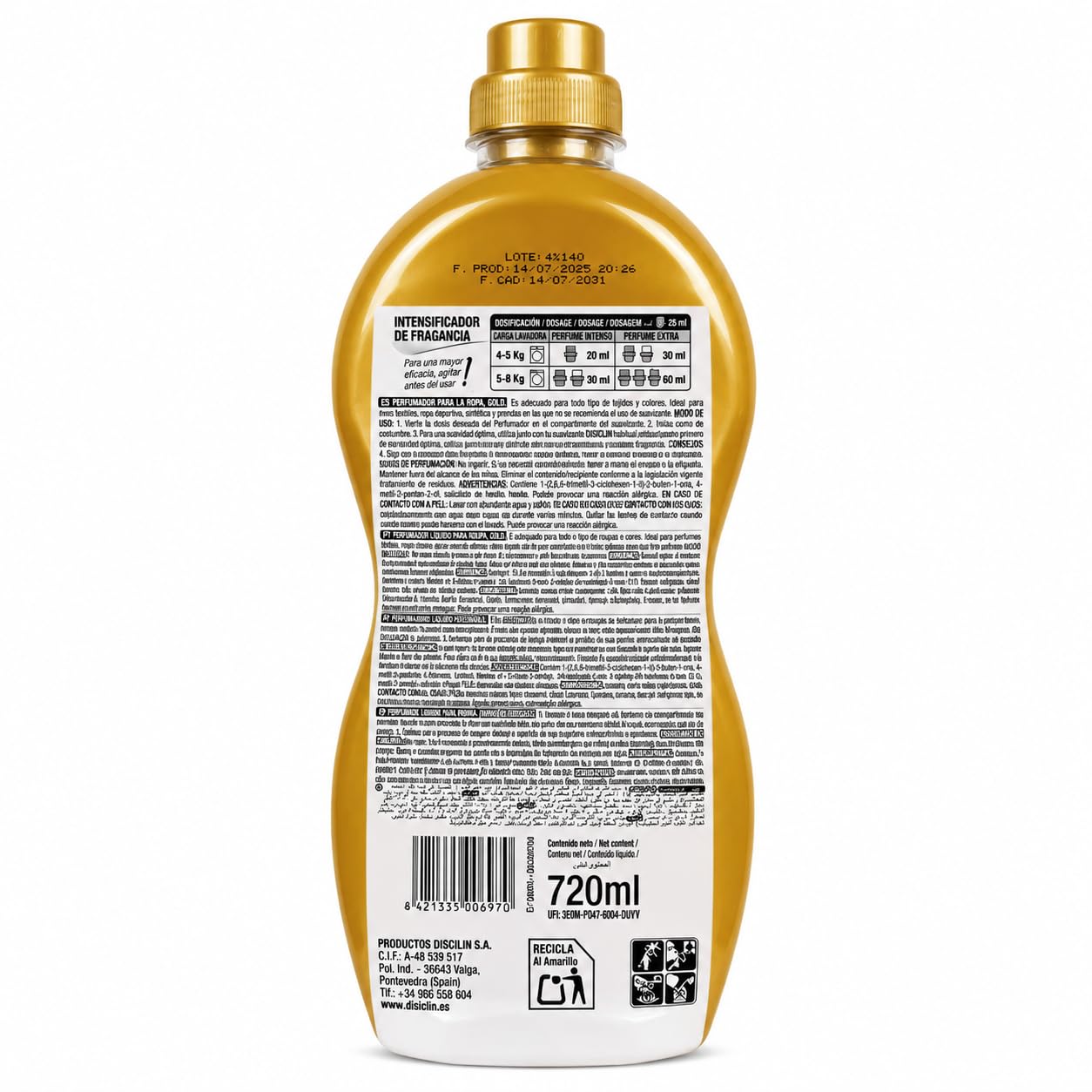Disclin Perfumador para la Ropa Gold 720 ml | Pack de 12 Unidades | Aditivo Líquido para Lavadora | Intensificador de Fragancia | Aroma Floral Duradero | RASMACOR