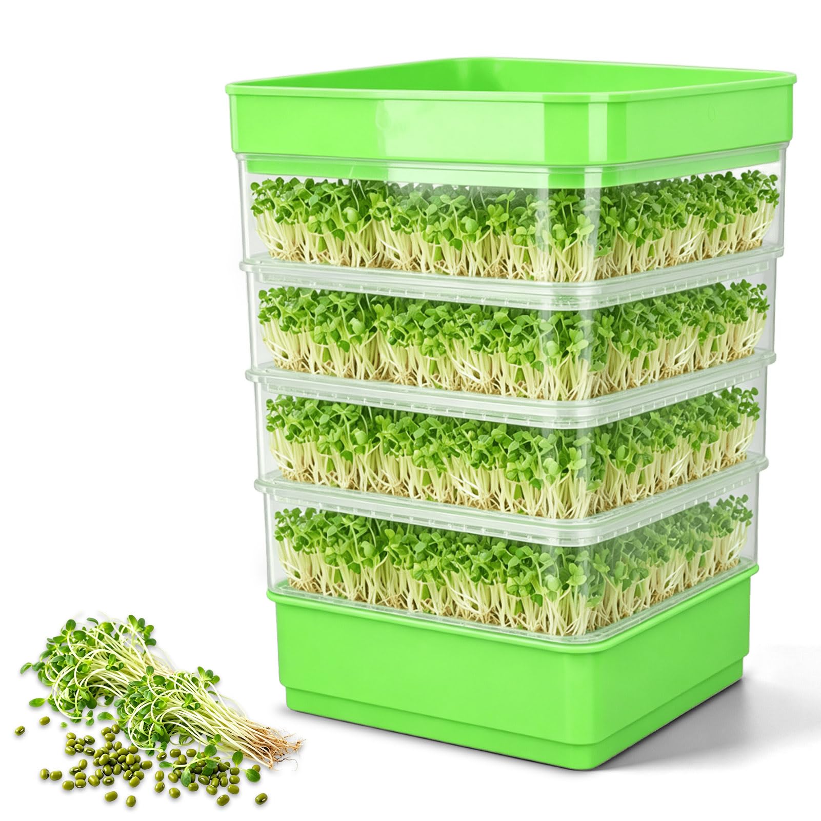 equlup Seed Sprouting Kit, 4 Tier 22.9cm/9in Seed Germination Tray Space Saving Stackable Micro Vegetable Growing Tray for Bean, Sprouts, Microgreens (With Sunshade)