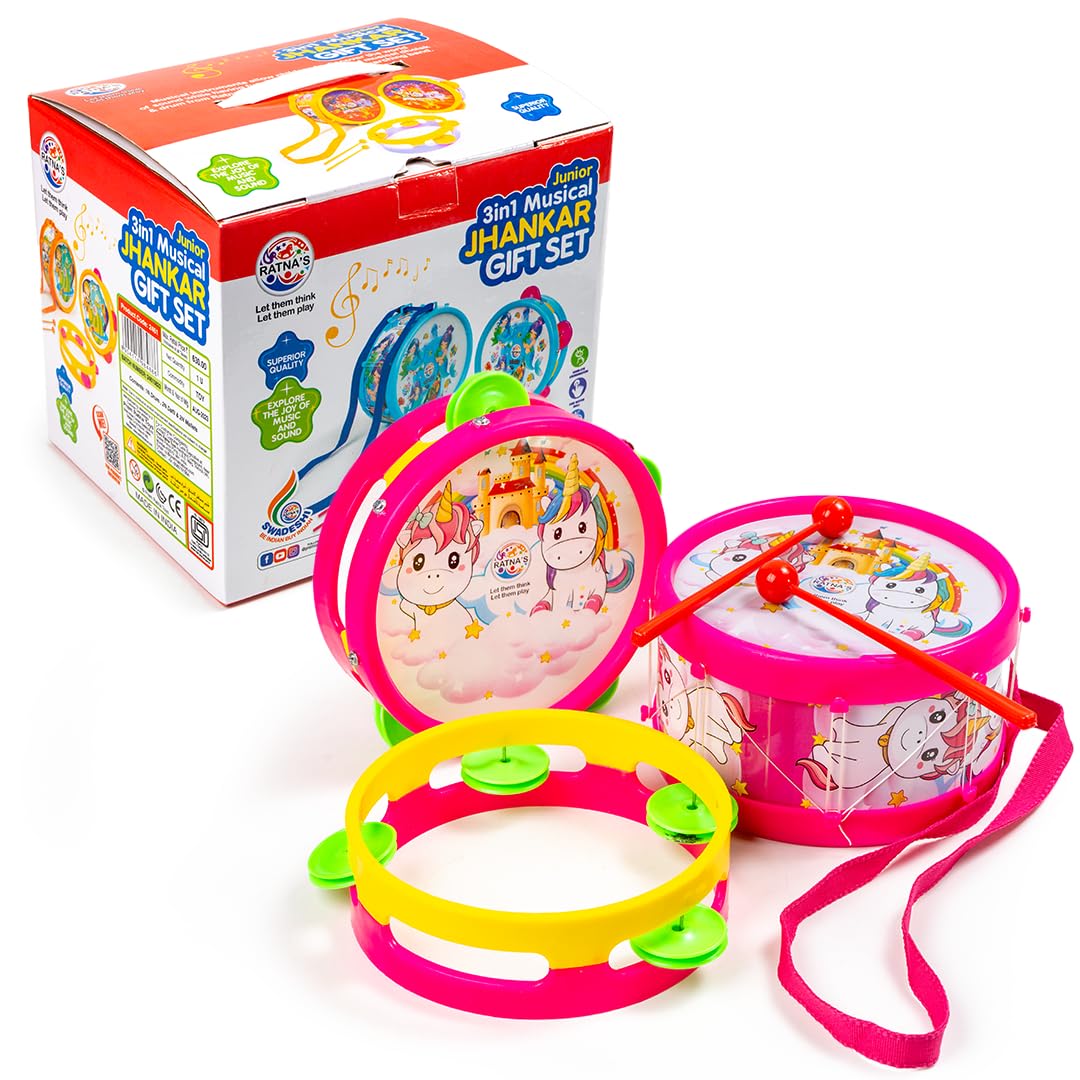 Ratnas 3 in 1 Musical Jhankar Gift Set Junior Unicorn Printed Drum Dafli Toy Musical Instrument with 2 Mallets for Kids (B0CR97KZPX) Amazon Price History, Amazon Price Tracker