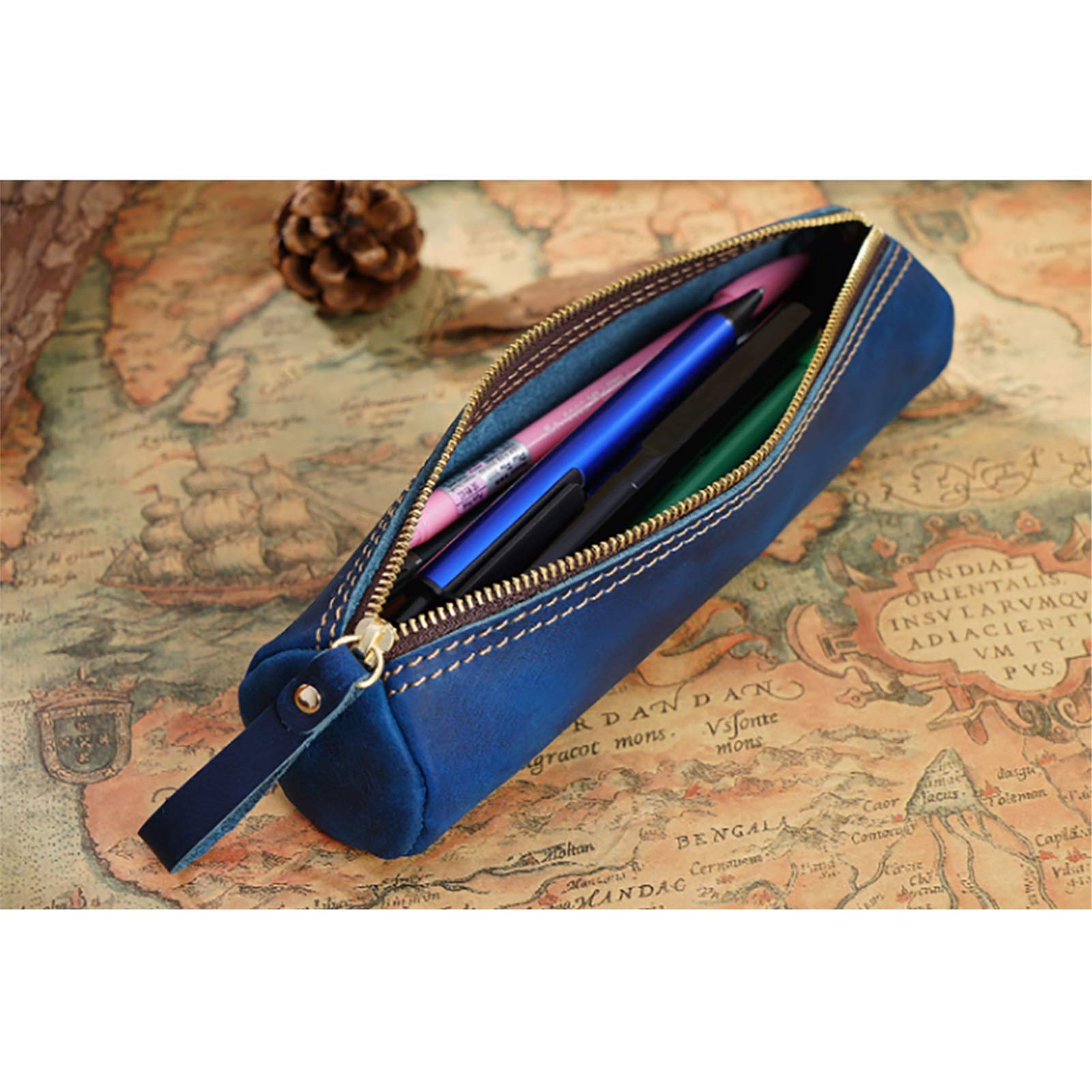 ACiyD Astucci per matite, portamatite Astuccio con Cerniera per Scuola, Ufficio e Lavoro Custodia in Vera Pelle per matite e pennelli (Verde Scuro, 20,5x5,2x5,2 cm) (Blu 20,5x5,2x5,2 cm)