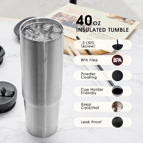 Miniatura 2 de COKTIK Vaso aislado de 40 onzas con pajilla, 3 tapas (con pajilla  abatible), taza de viaje aislada al vacío de acero inoxidable (acero inoxidable)