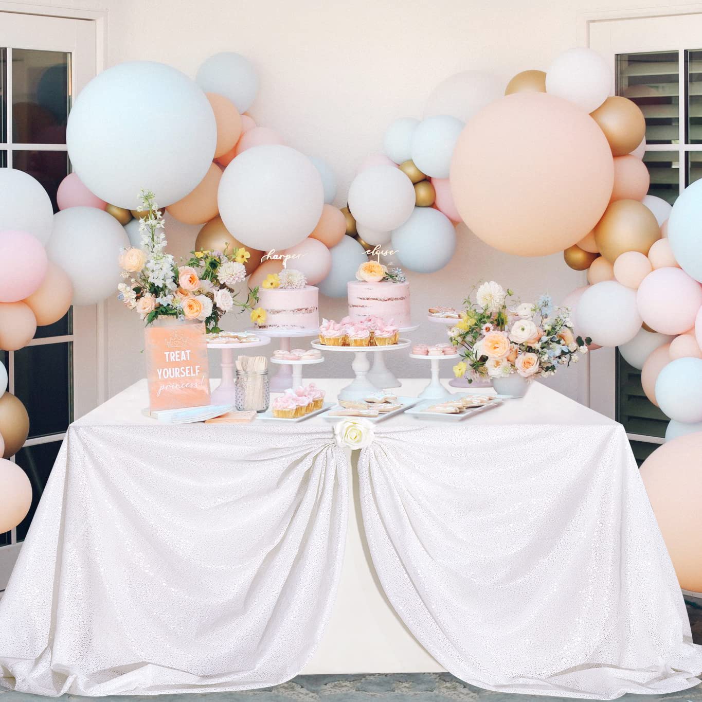 SoarDream Weiße Hochzeitstischdecke, 228 x 332 cm, Pailletten-Tischdecke, Glitzer-Tischwäsche für Party, Bankett, Zuhause, Kuchen, Desserts, Tischdekoration
