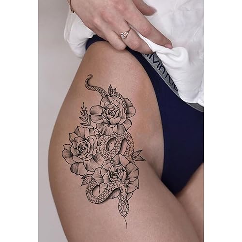 Miniatura 4 de Tatuajes temporales de serpiente, 12 hojas 3D negras realistas de serpiente, rosa, tatuajes florales, calcomanías grandes y sexys de serpiente,