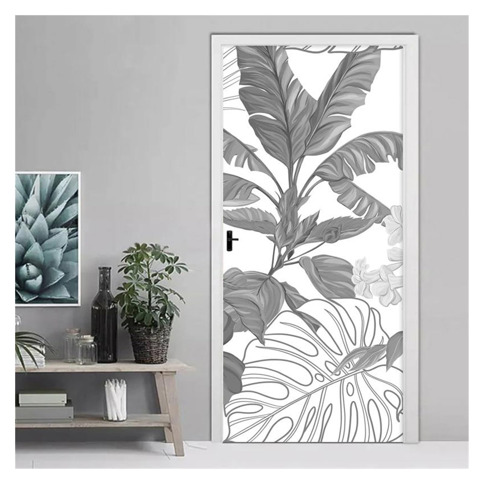 Sticker de porte 3D feuilles noires et blanches déco salon 77x200cm