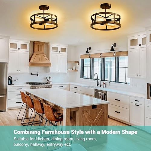 Miniatura 5 de EAPUDUN Lámpara de techo estilo granja, lámpara de techo semiempotrada de madera sintética de 13 pulgadas, lámpara de techo retro de 2 luces para