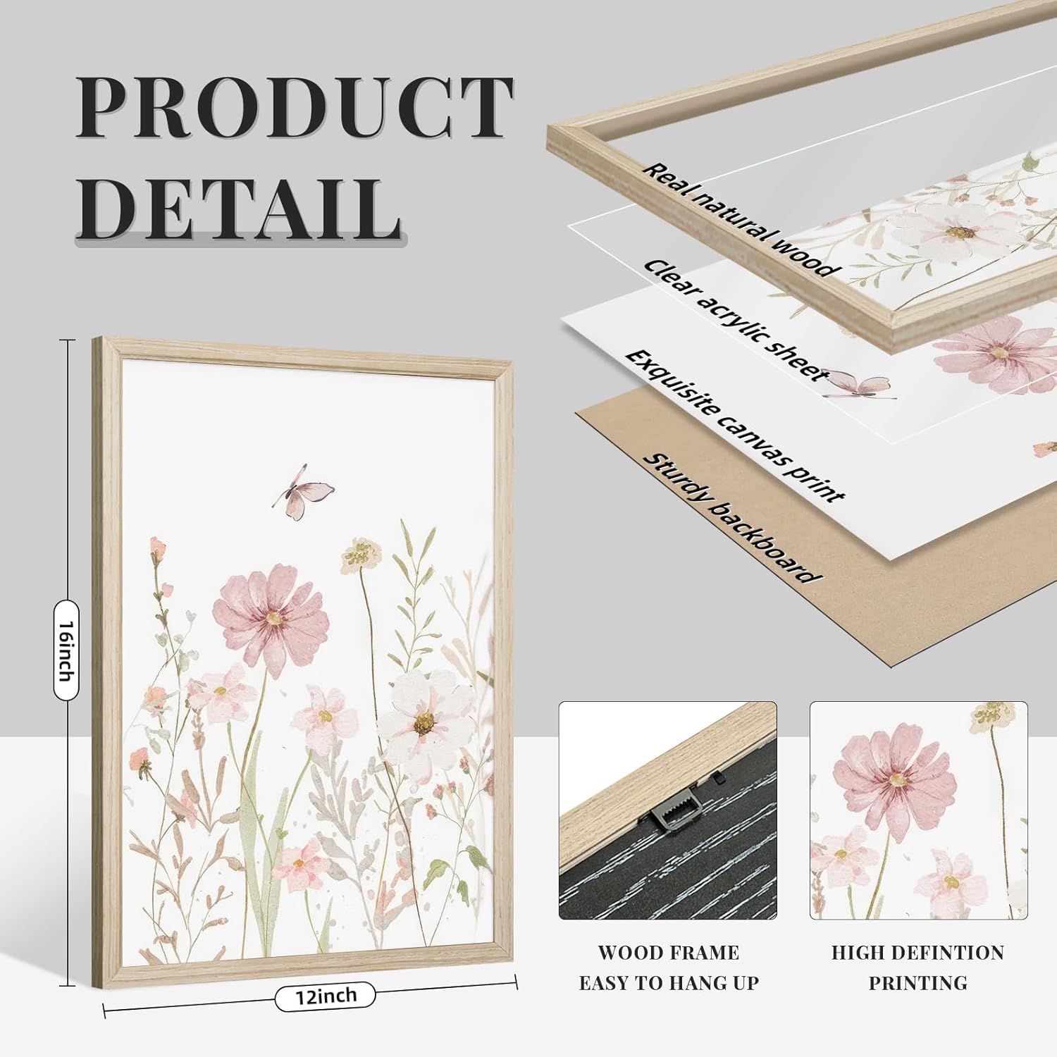 Wildflower Nursery Wall Art Pink Watercolor Floral Painting Baby Girl Nursery Canvas Wall Decor Vintage Botanical Flower Picture Boho Wildflower Prints for Bedroom 12x16x3 Inch Framed