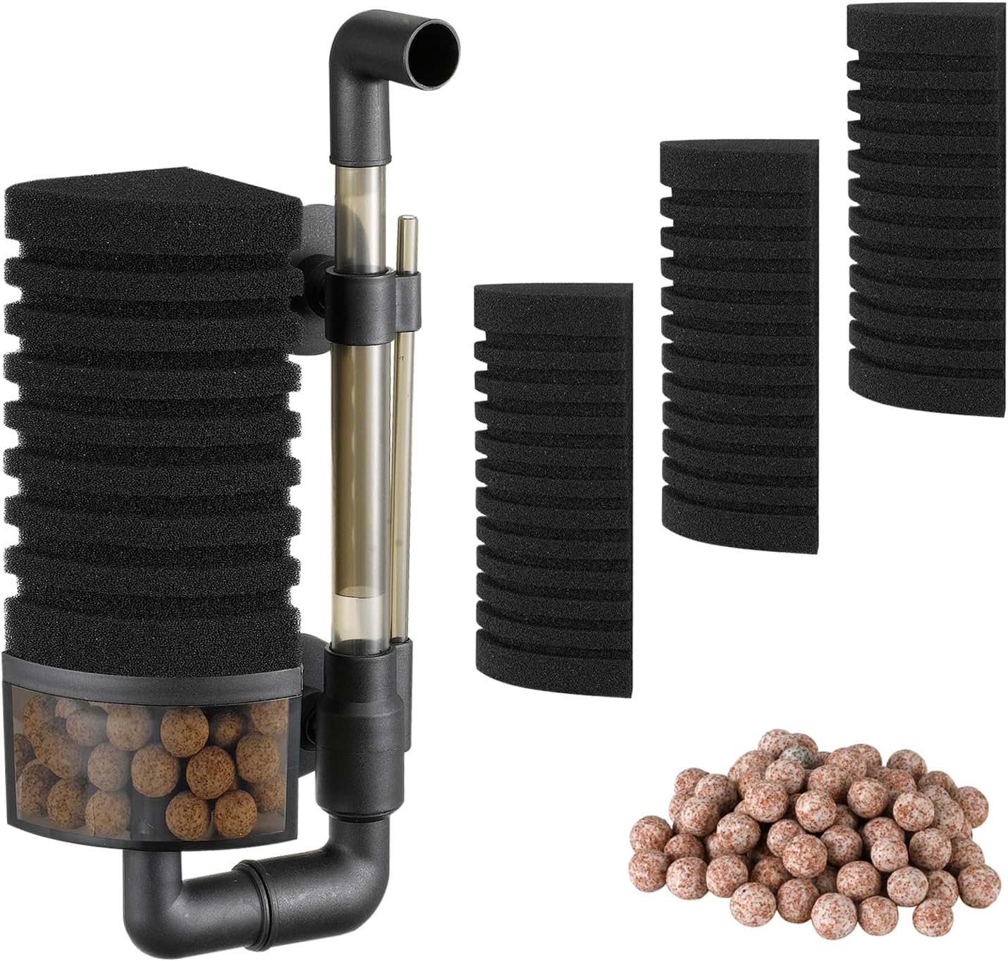 Carefree FishAquarium Filter Sponge Fish Tank Quiet Bubble Filter with 3 Sponges and 1 Bag of Filtered Ceramic Balls for Salt Water and Fresh Water(not Included Air Pump)