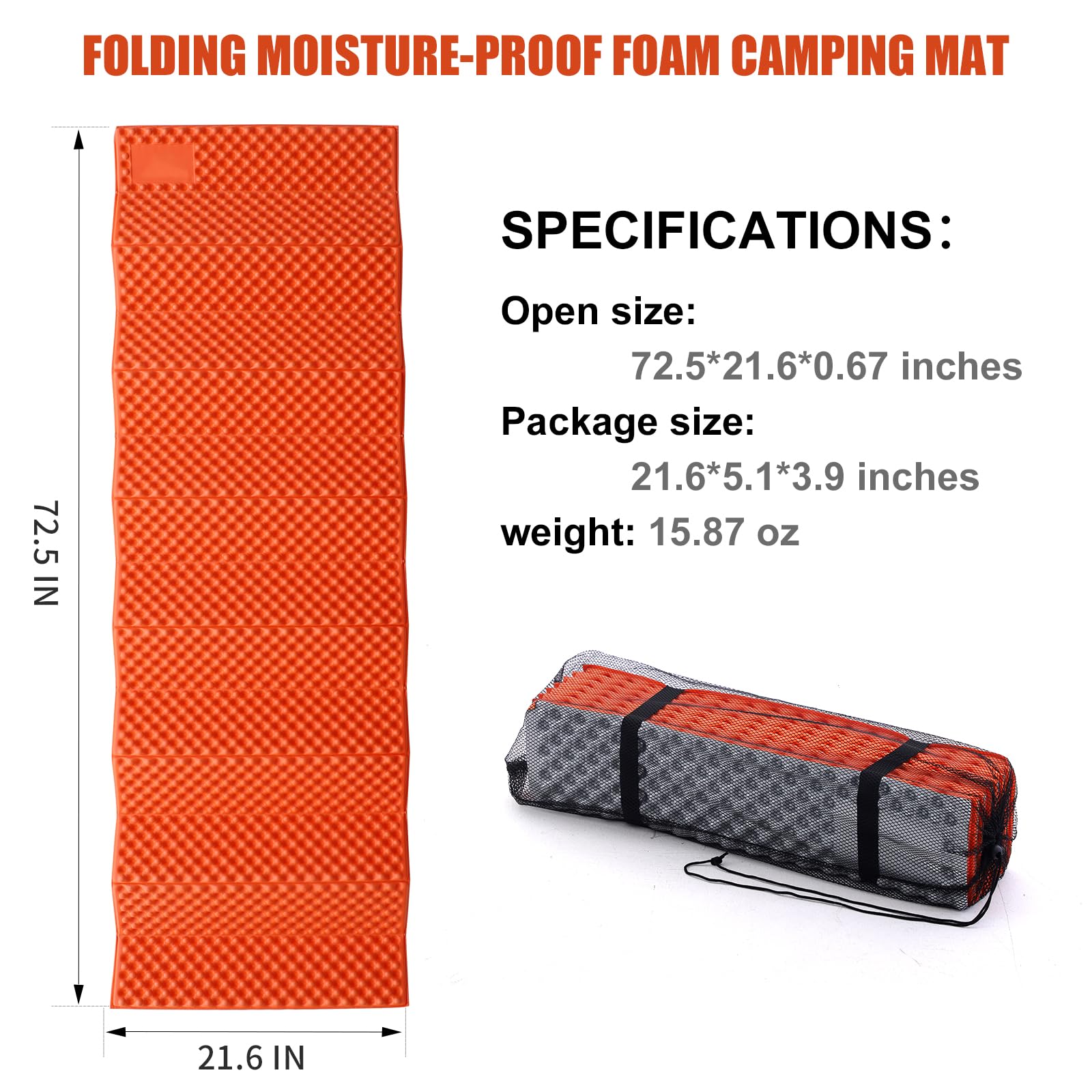 StableEase Camping Foam Sleeping Pad, Lightweight Closed Cell Folding Camping Mat, Moisture-Proof, Orange, 73