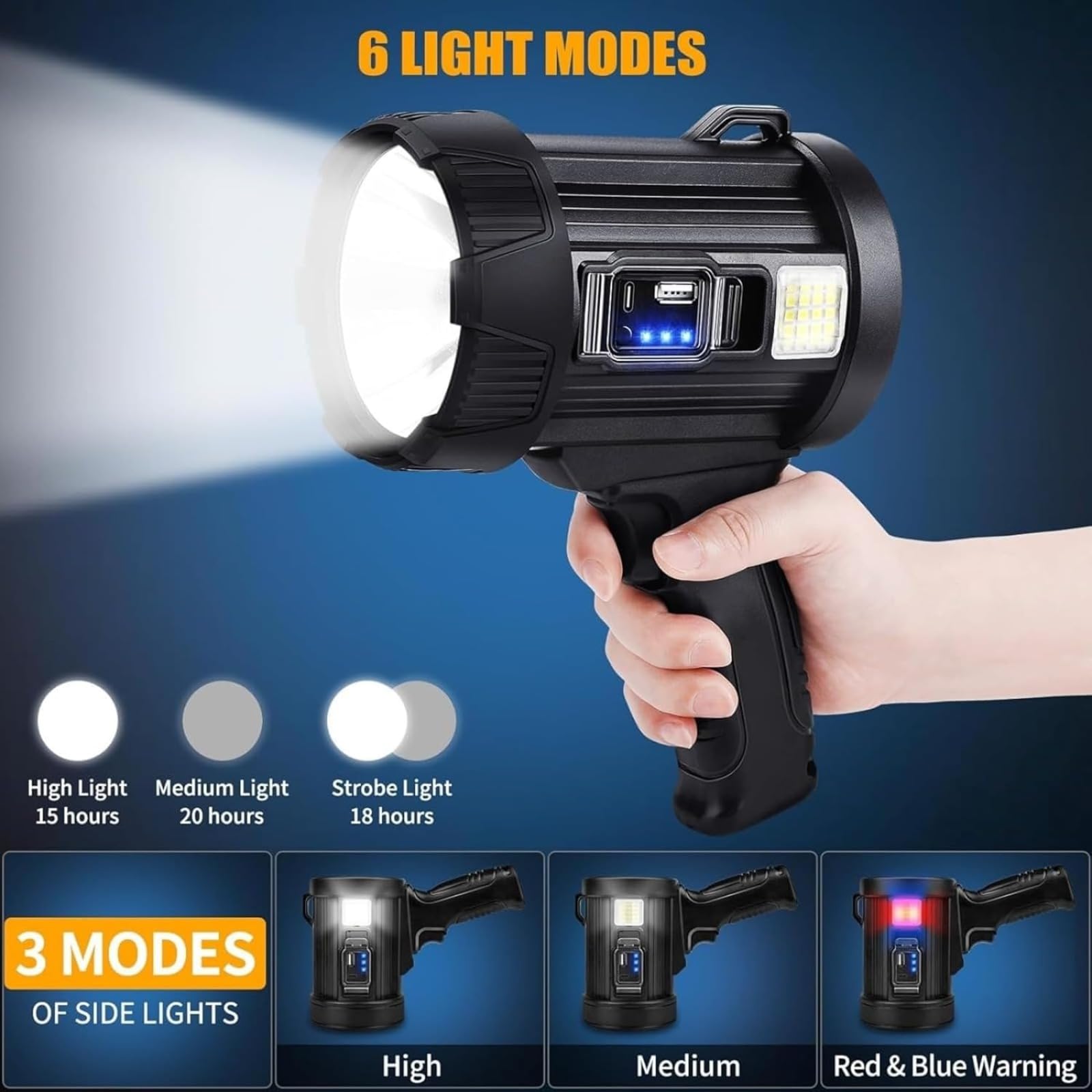 Faretto a LED ricaricabile a energia solare, super luminoso, 100000 lumen, torcia impermeabile con treppiede, 6 modalità e 3 filtri colorati, torcia portatile a lunga distanza per caccia, pesca