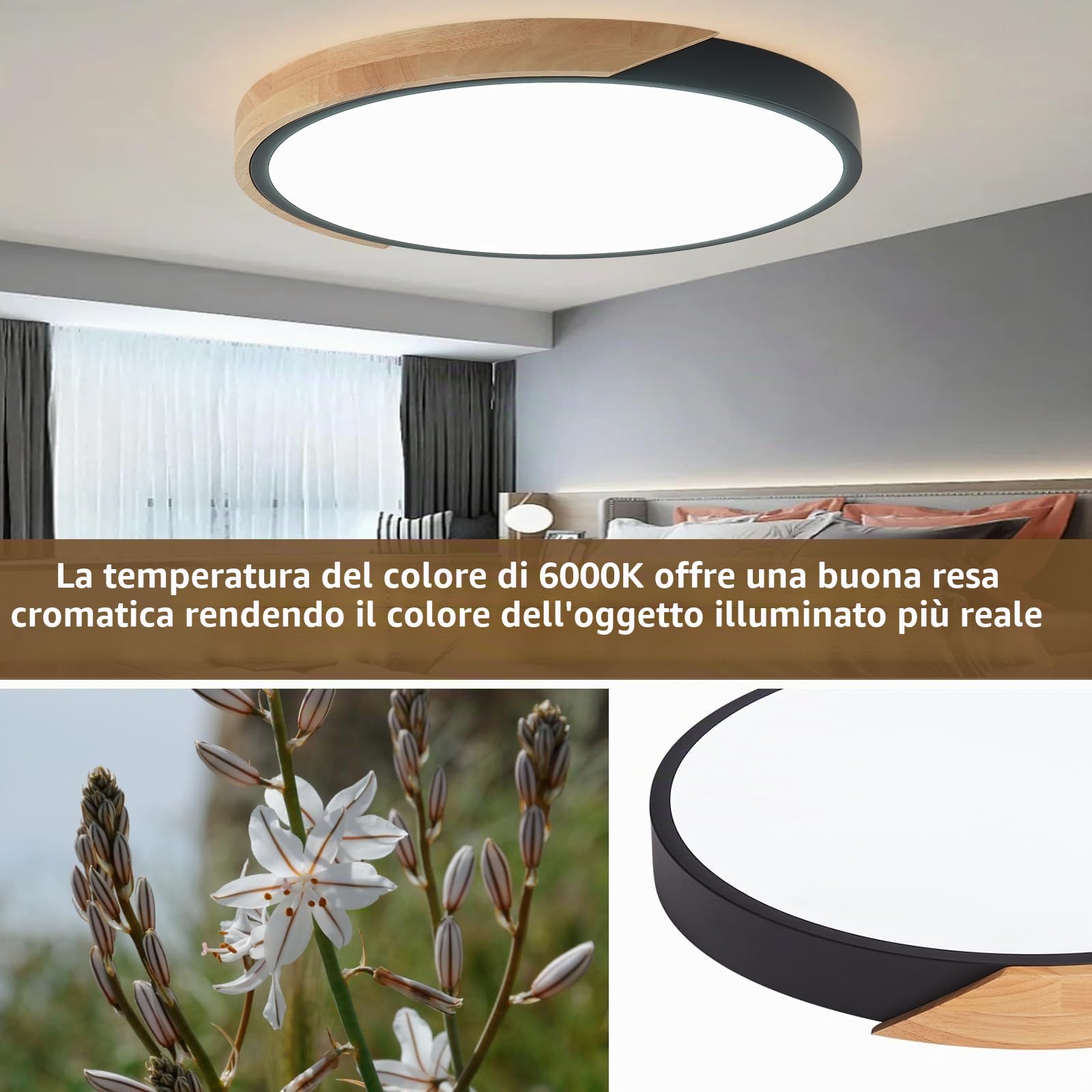 Plafoniera LED Soffitto Legno Nera 24W Rotonda Ø30cm 2 Pezzi 6500K | Lampada soffitto LED moderna ultra sottile, 2000lm 6500K luce bianca, plafoniera per camera soggiorno cucina corridoio