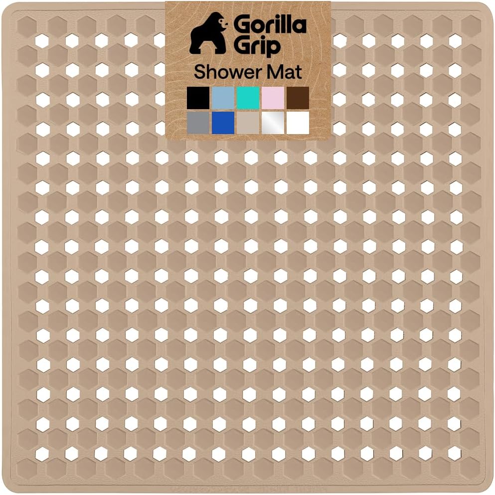 GORILLA GRIP Patented Square Shower Stall Mat, Small Bathtub Floor Mats for Stand Up Showers, Suction Cups and Drainage Holes, Machine Wash, Soft on Feet, Bathroom Accessories 21x21 Inch, Beige Opaque