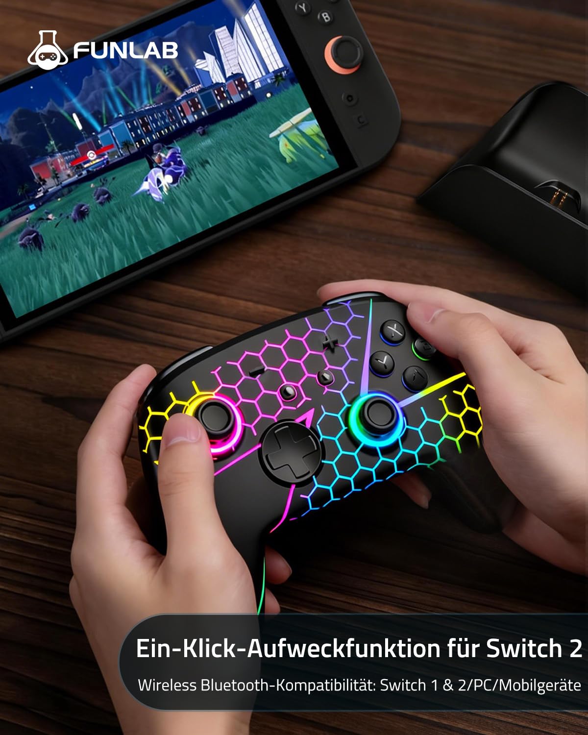Switch 2 Pro Controller für Switch2/OLED,Hall-Effekt Switch 2 Controller Wireless mit Ein-Tasten-Aufweckfunktion,Firefly Bluetooth Gamepad mit 7 RGB-Farben/Rücktasten/Turbo/Bewegungssteuerung,Schwarz
