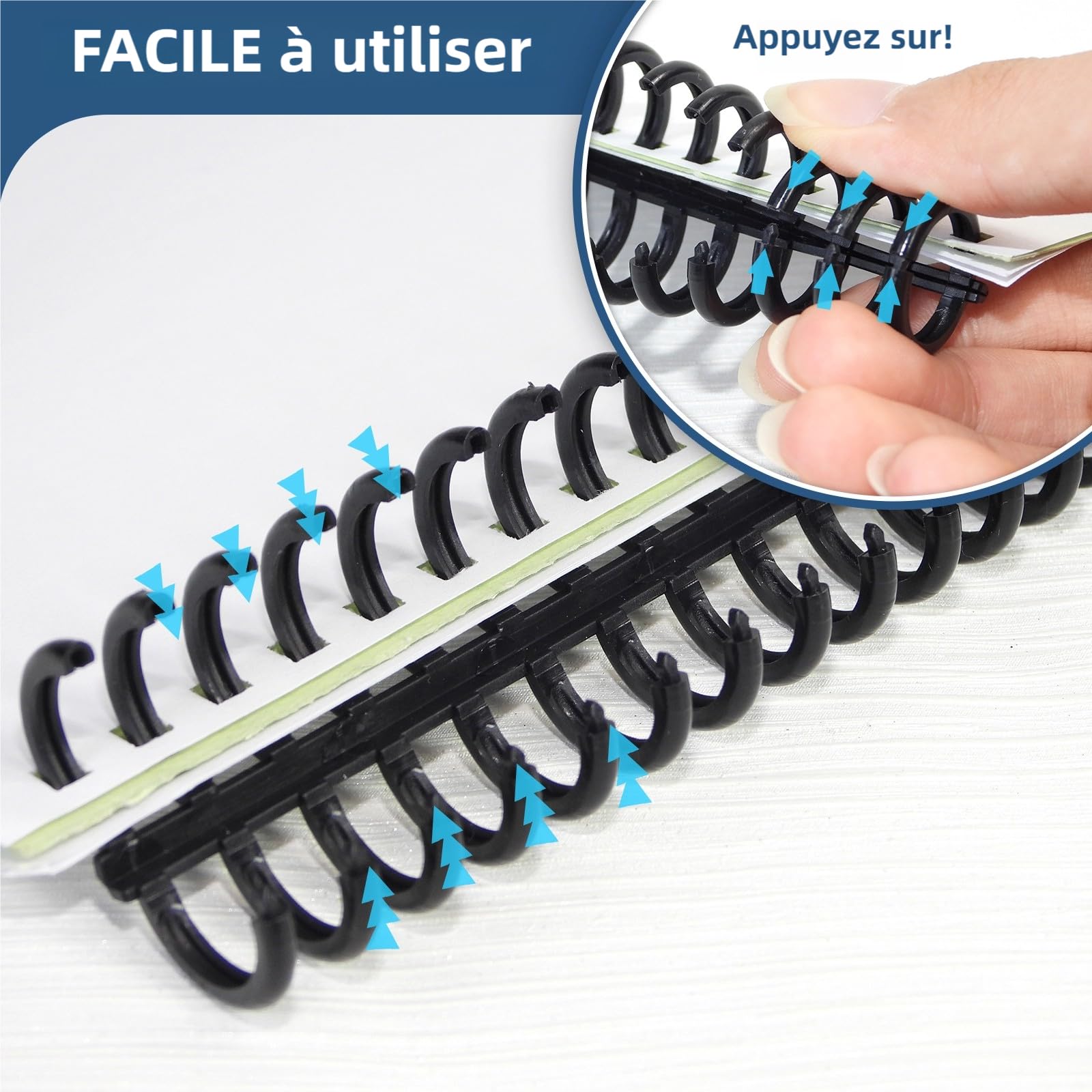 RAYSON Anneaux reliure plastique, A4, Reliures Jusqu'à 75 Feuilles, 12 mm, 34 Anneaux, Noir, Lot de 30